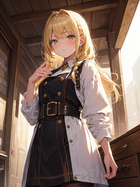 masterpiece, highest quality, Very detailed, 16k, Ultra-high resolution, Cowboy Shot, One 12-year-old girl, Detailed face, Perfect Fingers, Golden Eyes, Blonde, Braid, Explorer&#39;s outfit, hat, compass, telescope, map, jungle