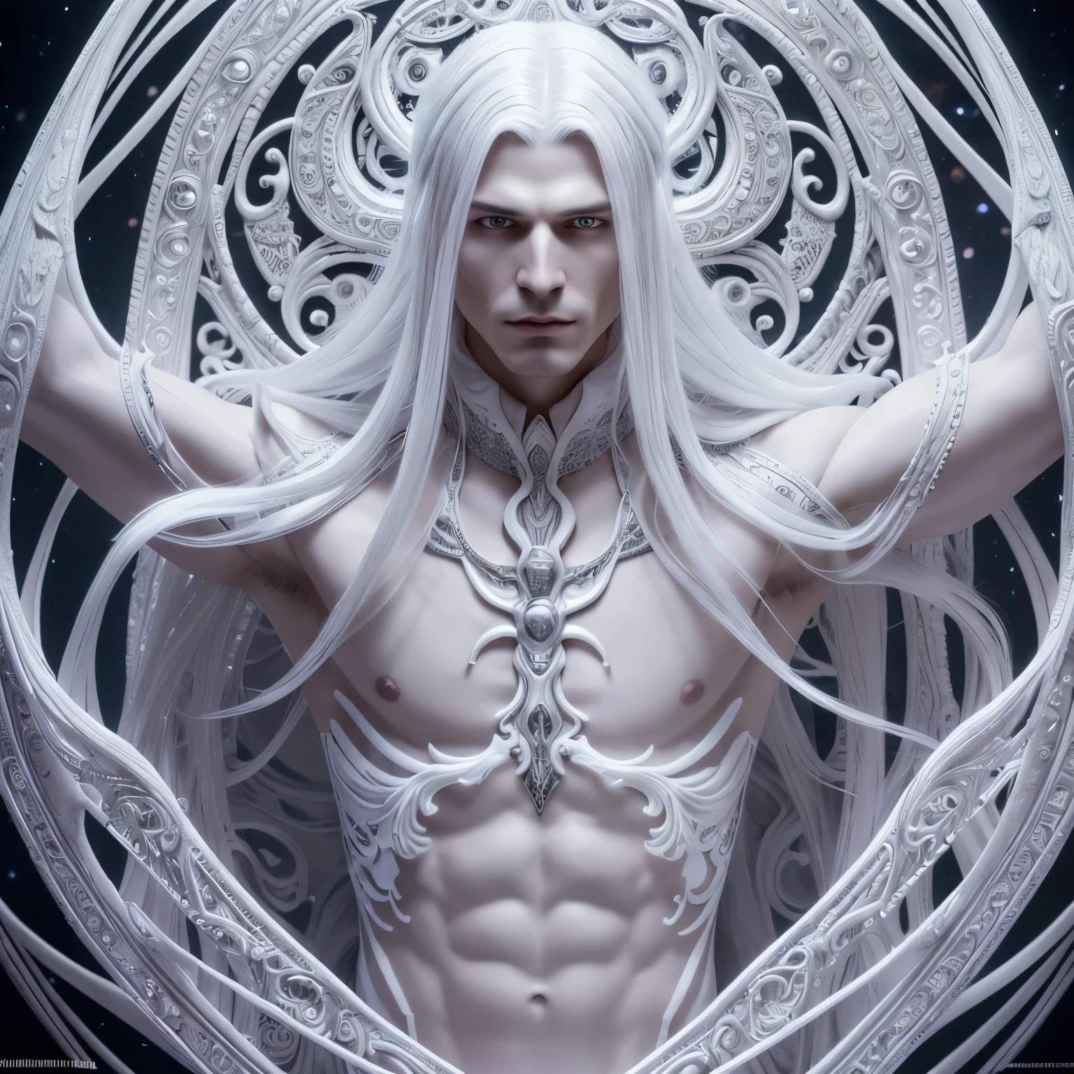 Insanely detailed photograph of a gorgeous vampire alien man, Renaissance, long white hair, intricate white eyes, fantastical, ethereal, hyperdetailed, 32k resolution, dynamic lighting, covered navel, hyper detailed, intricately detailed, trending on Artstation, white luxury suit, volumetric lighting, BalenciagaStyle