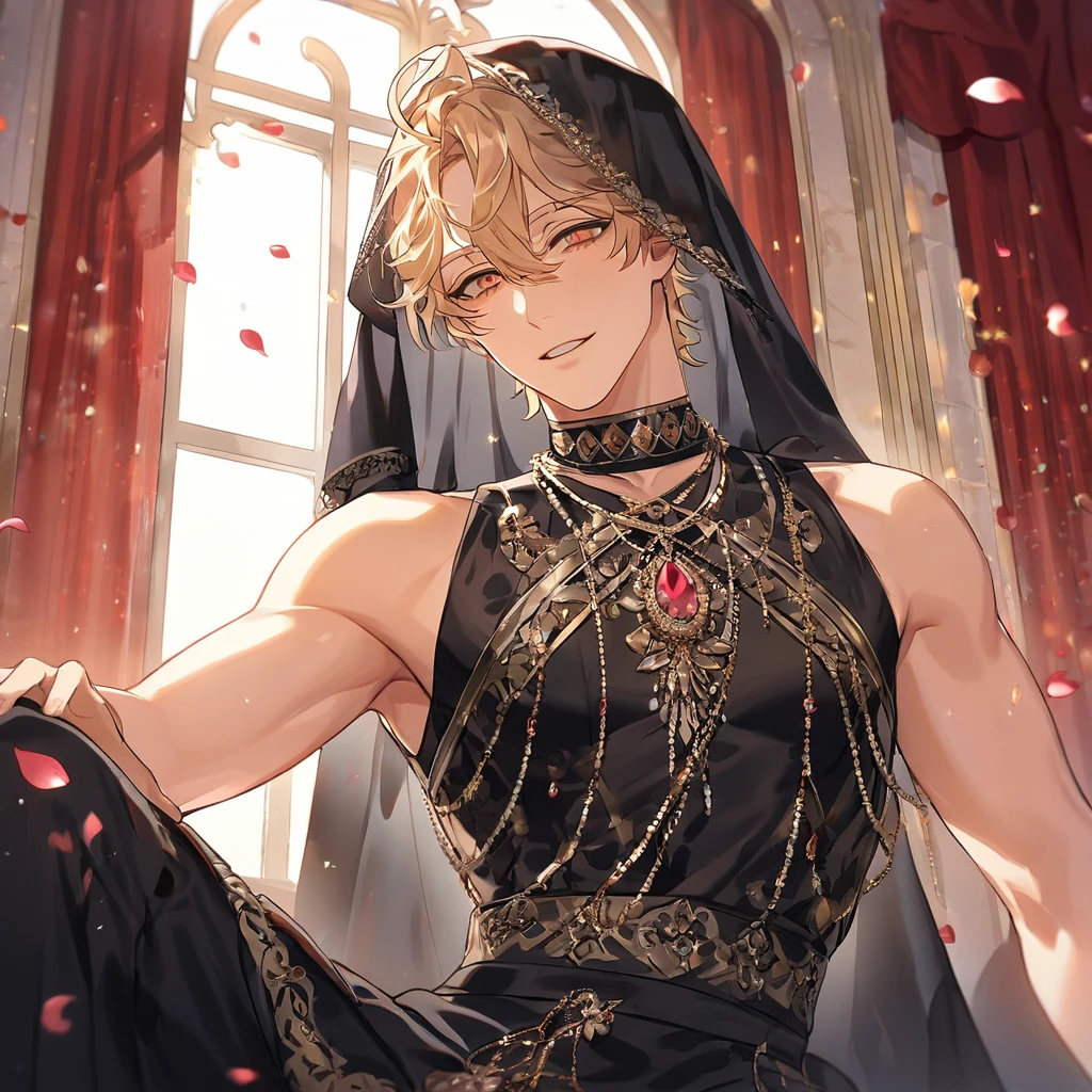 absurdres, highres, ultra detailed, HDR, master piece, best quality, perfect face, beautiful eyes, delicate features, Quincy, blonde messy hair, expressive amber eyes, Nu Carnival, solo, man, handsome, bedlah clothes, black pants, black veil, window, castle, red curtains, petals, chandelier