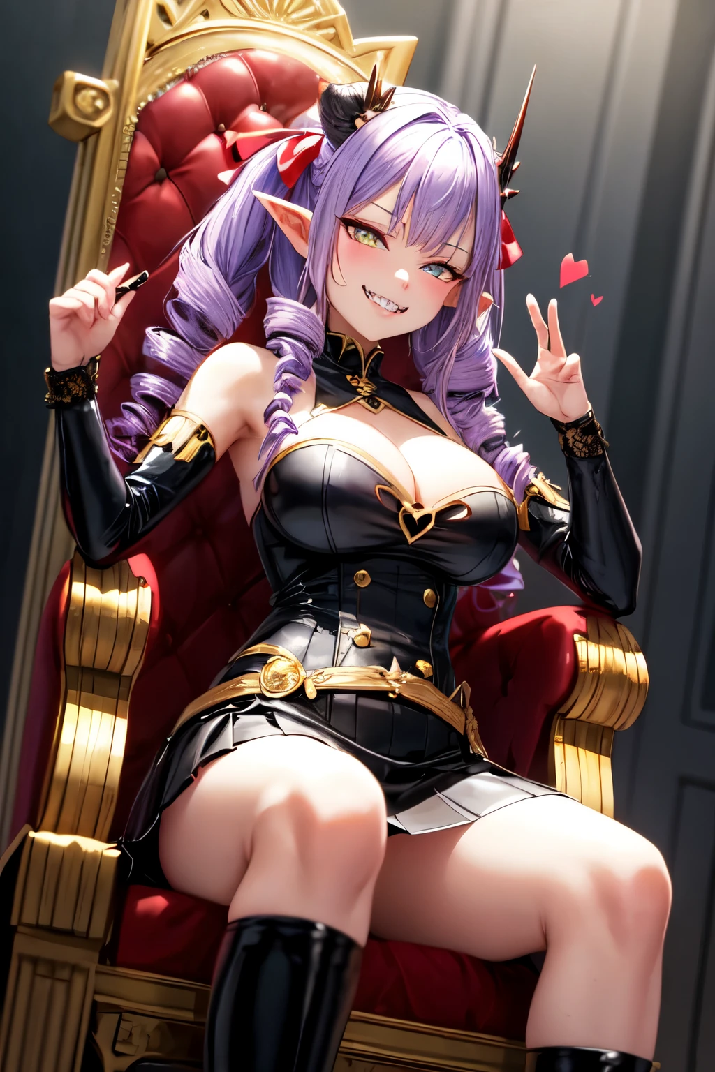 ((best quality)), ((masterpiece)), (detailed), perfect face, solo, alone, masterpiece, wagashi, tokoyami towa, purple hair, medium hair, twin drill hair, gold eyes, pointy ears, sidelocks, hair ribbon, latex top, heart cutout, skirt, ((big breasts)), cleavage, smug, smirk, ((mesugaki expression)), (fangs, sharp teeth), succubus horns, small horns, from below, sitting on throne