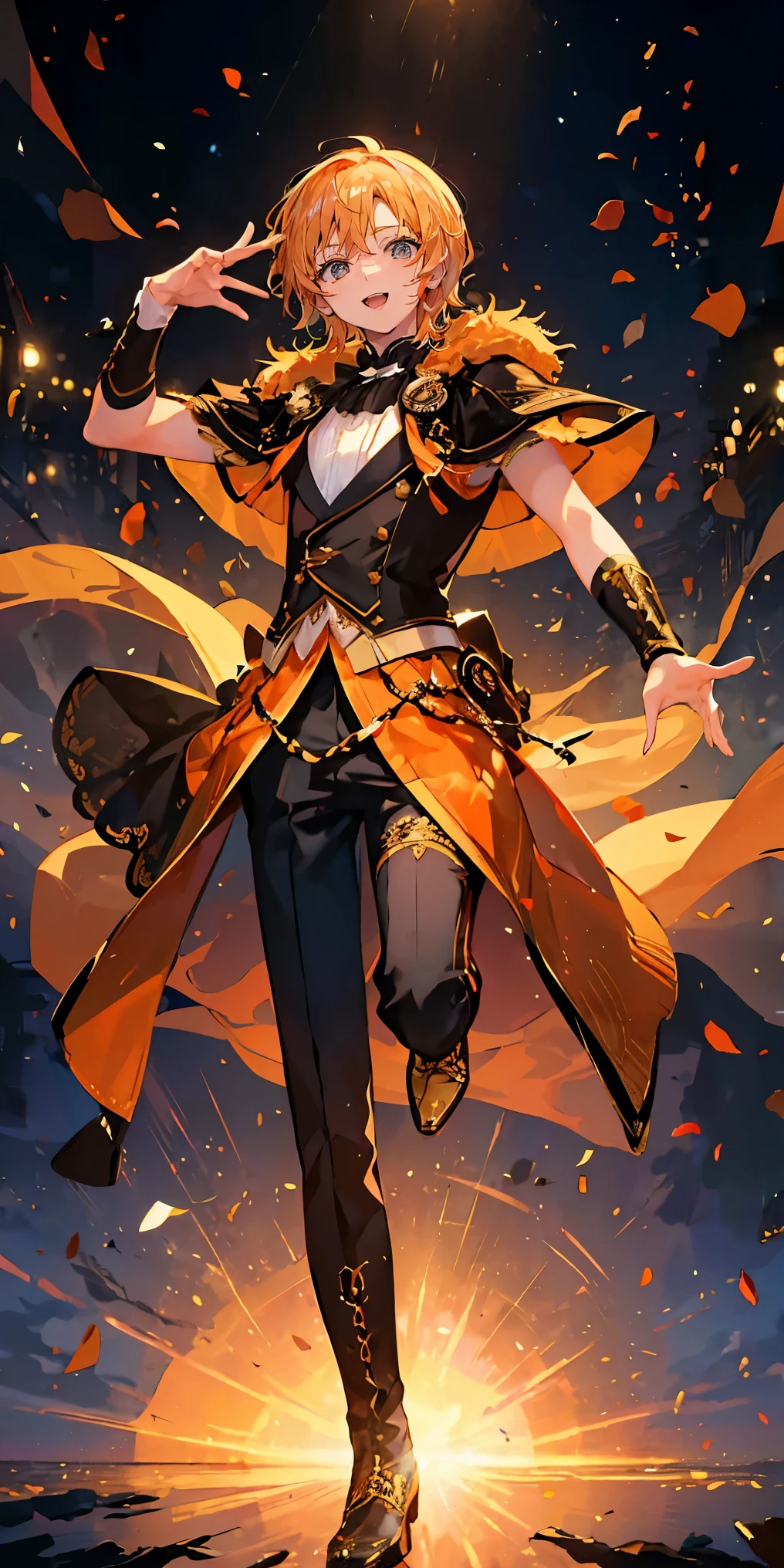 (Mastepiece), (Best Quality), Very detailed, ((1 boy)), Perfect Face, Beautiful Face, Very detailedな顔，((Orange Hair_short hair_Orange eyes:1.3))，Male solo idol、Gorgeous idol costumes、Costumes with lots of frills、Cape、boots、(pants:1.2)、(Hold the microphone)、stage、Concert Dome、Lots of confetti、(smile:1.4)、(Open your mouth wide)、sing、dance、Wink、Laser light、Spotlight
