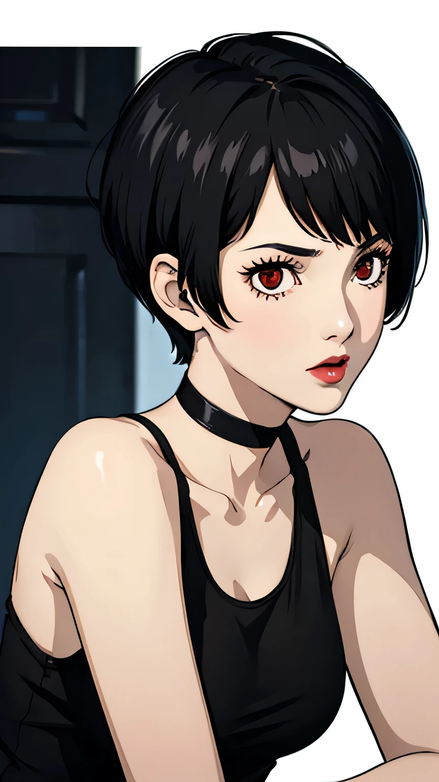 1 girl, red eyes, very Short hair, black choker, lipstick, portrait, black hair, tank top, tomboy Pixie haircut, unexpressive