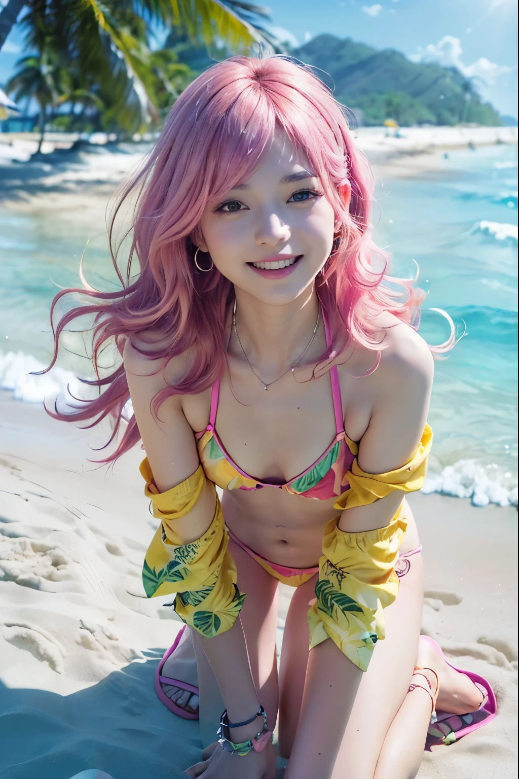  (8K, top-quality, masterpiece:1.2), (reallistic, Photorealsitic:1.37), Super Detail, One girl,), (Highly detailed), (beautifully detailed eyes), (of the highest quality), (super detailed ), (masterpiece), (Detailed face),20yr old, ,1 girl, ((pink hair,long hair)), medium breasts, clothed, Perfect Lighting, BREAK, (cute swimsuit:1.5), (bright colors:1.3), (pink, yellow, green, orange:1.3), (tropical print:1.3), (palm trees, hibiscus, pineapples:1.3), (stretchy fabric:1.2), (lightweight:1.2), (soft:1.2), (short denim jacket:1.4), (triangle bikini top:1.4), (brazilian cut bikini bottom:1.4), (cropped sleeve top:1.4), (yellow:1.4), (frilled sleeves:1.2), (high-waisted bottom:1.2), (ribbon accent:1.2), (slipper sandals:1.2), (tropical fruit earrings:1.2), BRAKE, (upper body to knees:1.3), (long wavy hair:1.3), (smile:1.3), (face turned slightly:1.3), (tropical beach:1.5), (blue sea, white sand:1.4), (bright lighting:1.4)

