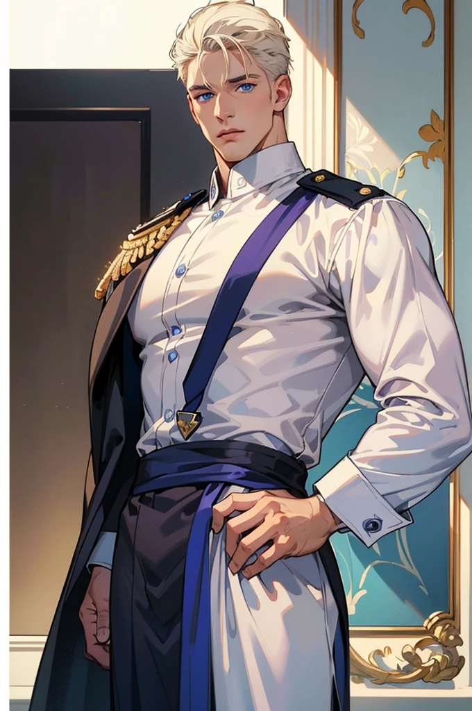 The picture shows two young men standing next to each other: the first man (tall, handsome, athletic, handsome, young man, platinum blond with blue eyes, he is dressed in a policeman's uniform, he has tanned skin, long straight platinum hair, blue eyes), the second man (young, handsome, athletic, handsome, a man, platinum blonde with violet eyes, long bangs, dressed in a policeman's uniform). Masterpiece, detailed study of the face, beautiful face, beautiful facial features, perfect image, realistic shots, detailed study of faces, full-length image, 8k, detailed image, extremely detailed illustration, a real masterpiece of the highest quality, with careful drawing.