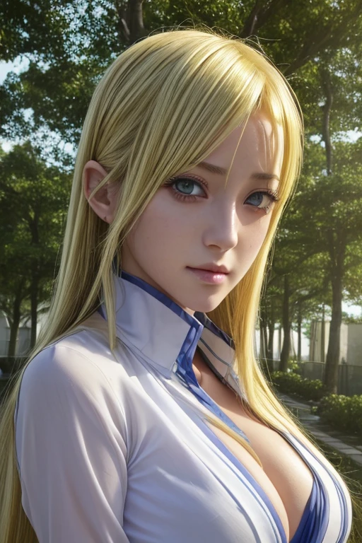 Best quality, masterpiece, ultra high res, (photorealistic:1.37), raw photo, 1girl, perfect body, long straight yellow hair, side comb, slight smile, slit long cloth parted, perfect big breasts, perfectbody, pookies, beautifull eyes,  beautifull face, detailed brown eyes and face, split cloth, split, dynamic lighting, blue Eyes, in a beautiful fantasy park, Shizuka Marikawa High school of the dead, eyes looking at the camera