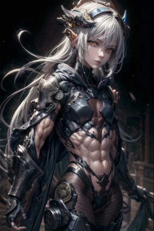 (((An epic and visually stunning digital anime masterpiece:1.4, art piece featuring a sylphlike ((feminine male:1.5)) elegant military cyborg soldier clad in a sleek yet tactical armored yet decorated military trench coat:1.3))), (((flat masculine male chest:1.5, mechanical robot head with a hood, iridescent orange eyes:1.5))), (((the character clothed in a (scifi tactical armored double breasted trench coat with a built in exoskeleton, hood pulled up), (((over a form fitted armor plated yet super sleek and sensually revealing under suit:1.6, thighs and waist exposed:1.5))), the armor plating on the upper arms and shoulders beautifully engraved))):1.4, The image showcases the intricacies of the character’s armor and clothing:1.5, ((capturing their flamboyant feminine essence and heavy mechanical art deco aesthetic:1.2)), The character also possesses an androgynous charm, (((with slim yet heavily muscled gorgeous feminine physique:1.2, sylphlike with a sleek waist:1.2, slim mechanical muscular armored torso:1.3, toned yet beautifully sleek cybernetic arms:1.3, beautifully engraved mechanical arms and legs:1.3, silver mechanical muscles:1.3))), looking at viewer, (((brass metal armor and brown leather, dieselpunk:1.3))), (((depth of field, cinematic lighting, chromatic aberration, ray tracing, UHD, masterpiece, top of head covered, super detail, high details, high quality, award winning, 8k, highres, artificial muscle:1.4)))