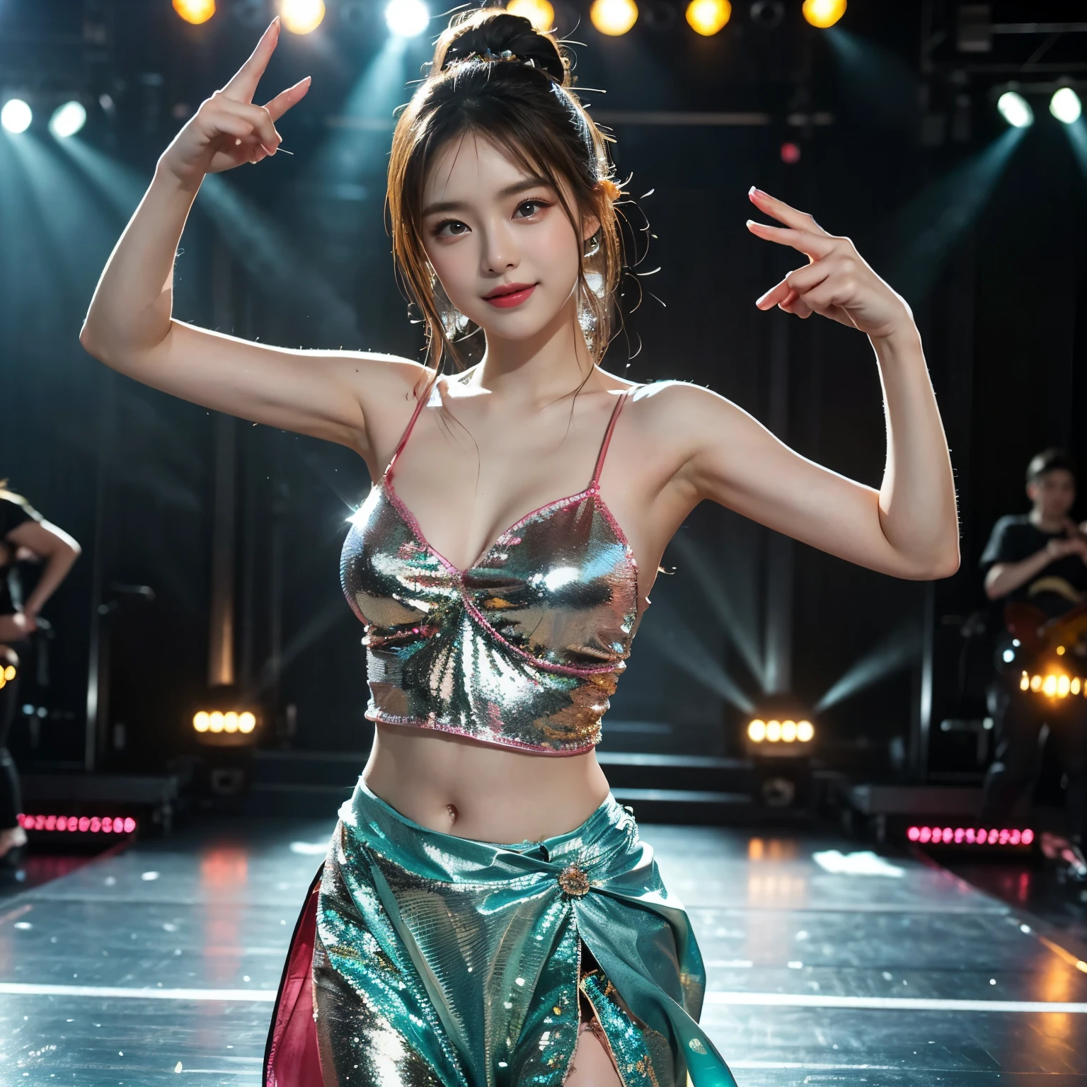 A young and extremely beautiful woman performing on stage as an idol、Shiny texture、Bright colors、Dynamic lighting、Surreal details、Crowd of enthusiastic fans cheering、Professional stage setup、Neon Light、shocking atmosphere、(Glittering costumes)、(shimmery makeup)、(Expression of joy)、 (Energetic dance moves:1.5)、(Anatomically correct fingers:1.5)、Stunning visual effects、Captivating performance、Anime style art、Vibrant atmosphere、High resolution images、Fine brush strokes、Digital Rendering、Portrait Style、Vibrant color palette、intense spotlight、Dreamy atmosphere、Dreamy settings、Surreal elements、 Stage smoke and fog、Shiny stage props、Stage makeup、Exquisite stage decorations、Glossy finish、Glossy Lips、Shining Eyes、Detailed female characteristics、Charming smile、Pose like an idol、Dramatic lighting