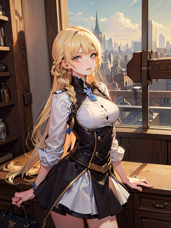 masterpiece, highest quality, Very detailed, 16k, Ultra-high resolution, Cowboy Shot, One 12-year-old girl, Detailed face, Perfect Fingers, Golden Eyes, Blonde, Braid, Explorer&#39;s outfit, hat, compass, telescope, map, jungle