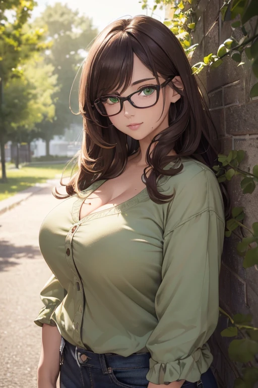 ((masterpiece)), (best quality:1.7), (detailed:1.4), (high res:1.4), 8k, (colorful:1.5), high resolution, sharped image, 4k, hd, (beautiful detailed background:1.2), (beautiful lighting:1.2), (highly detailed:1.2), perfect lighting, (8k wallpaper:1.2), (highly detailed:1.2), (extremely detailed CG:1.2), ((dark brown medium long straight hair with bangs covering an eye)), (hair bangs covering one eye), ((only dark brown hair)), ((busty)), curvy figure, (((hazel-green eyes))), (((geek-chic summer outfit))), glasses, mature, (((30 year old))), human adult, tall, fullbody