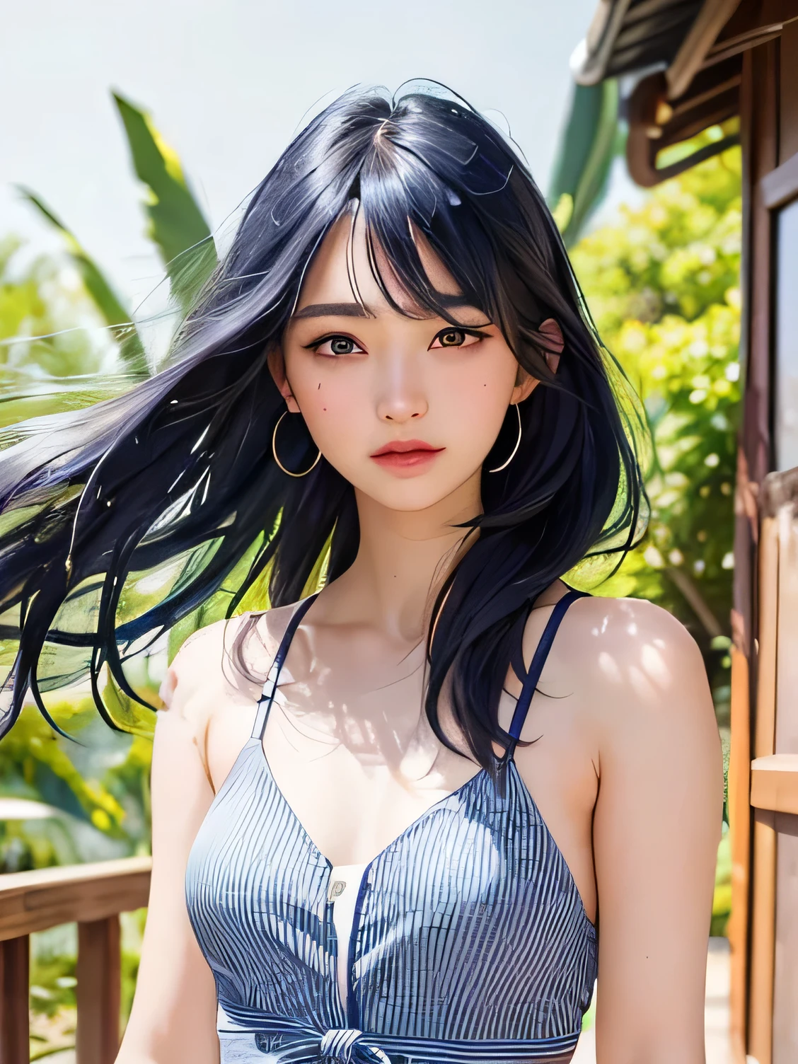 ((vivid, Realistic: 1.5), Summer veranda: 1.0, Portrait of a beautiful 17 year old Japanese girl: 1.2, Light Gray Background: 1.1, Breast augmentation: 1.5, cute: 1.0,Follow me(Cool off while watching the wind chimes): 1.5,
Very long hair: 1.2, Navy Blue Hair: 1.2, Small face: 1.1, Messy Hair: 1.2,Eyebrows are lowered:1.1. Big Eyes、Summer clothes,Photos featuring wind chimes:1.2