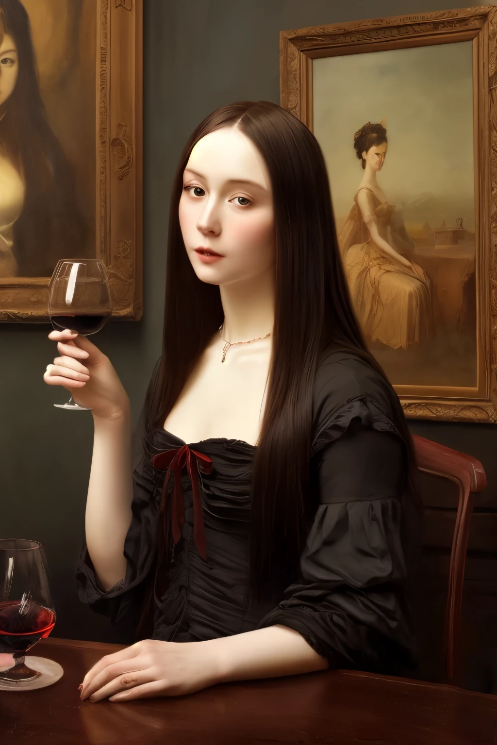White woman,emaciated,Holding a red wine glass,Leaning on the small table。There are many paintings hanging on the wall behind me.。Oil painting texture。Black long straight hair,Vampire aristocracy,Older。Gorgeous and rich