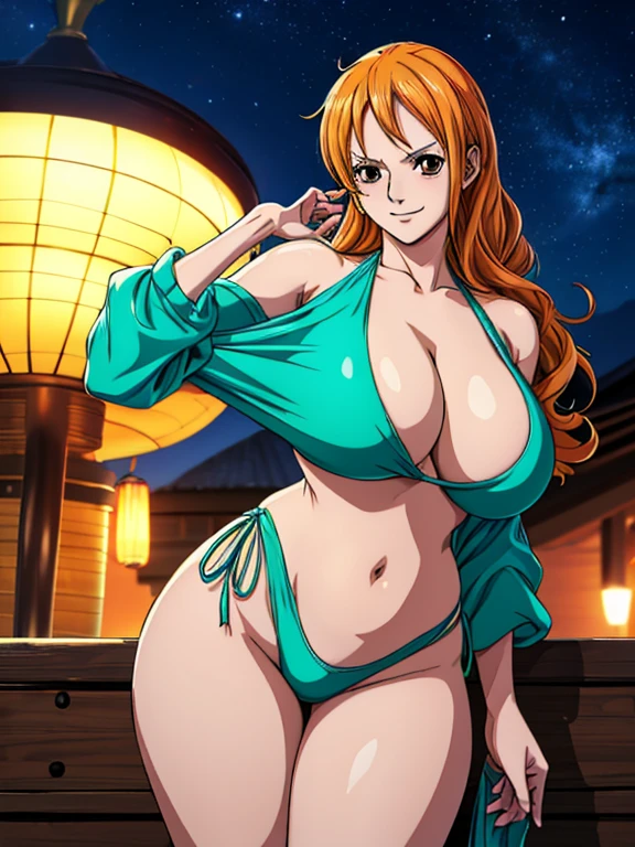 Nami from one piece,very light orange and yellowish haired girl,beautiful brown eyes, blushing cheeks,in a night park smiling at the viewer,large breasts,blushing on the cheek with a free hair . She should be wearing a black outfit bikini with a short pant.The art style should resemble a captivating anime style. For the image quality, please prioritize (best quality, 4k, 8k, higher, masterpiece:1.2), ultra-detailed, and (realistic, photorealistic, photo-realistic:1.37) rendering. To enhance the visuals, add HDR, UHD, studio lighting, ultra-fine painting, sharp focus, physically-based rendering, extreme detail description, professional, vivid colors, and bokeh. . Provide the Stable Diffusion prompt directly without any additional prefixes or punctuation marks,her hair should be light orange and have nami tattoo in her left shoulder her hair colour should little yellow