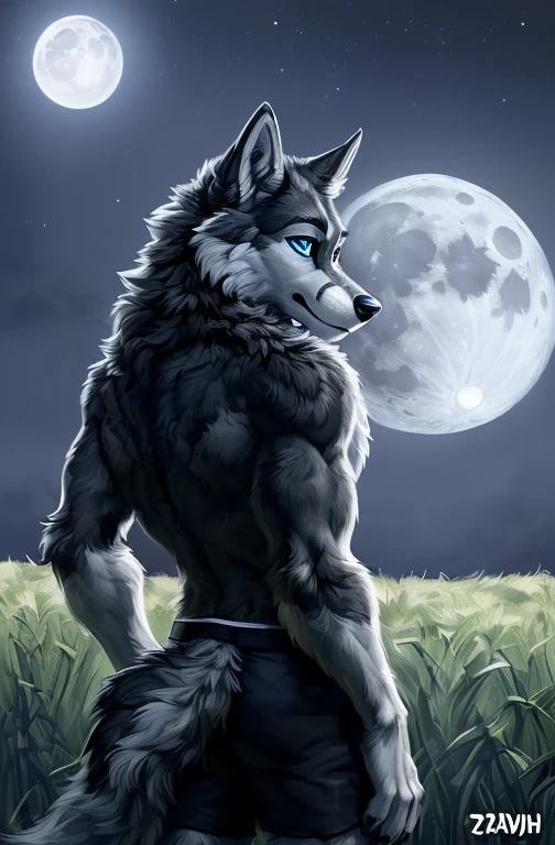 , (((ditigal art style, cartoon, A furry character wolf thats mostly gray with some black fur on his back and legs with a white torso his head has black and white fur and has dog/wolf like ears which has black fur on it
And his tail is a combination of black white and gray fur With blue eye
With blue eyes wearing black shorts, detailed, uploaded to e621, beautiful and detailed portrait of an anthropomorphic , (((male))) uploaded to e621, zaush, foxovh, movie lighting, , thicc, alone, outdoors, outside in a field Howling at the moon, bright large moon,
