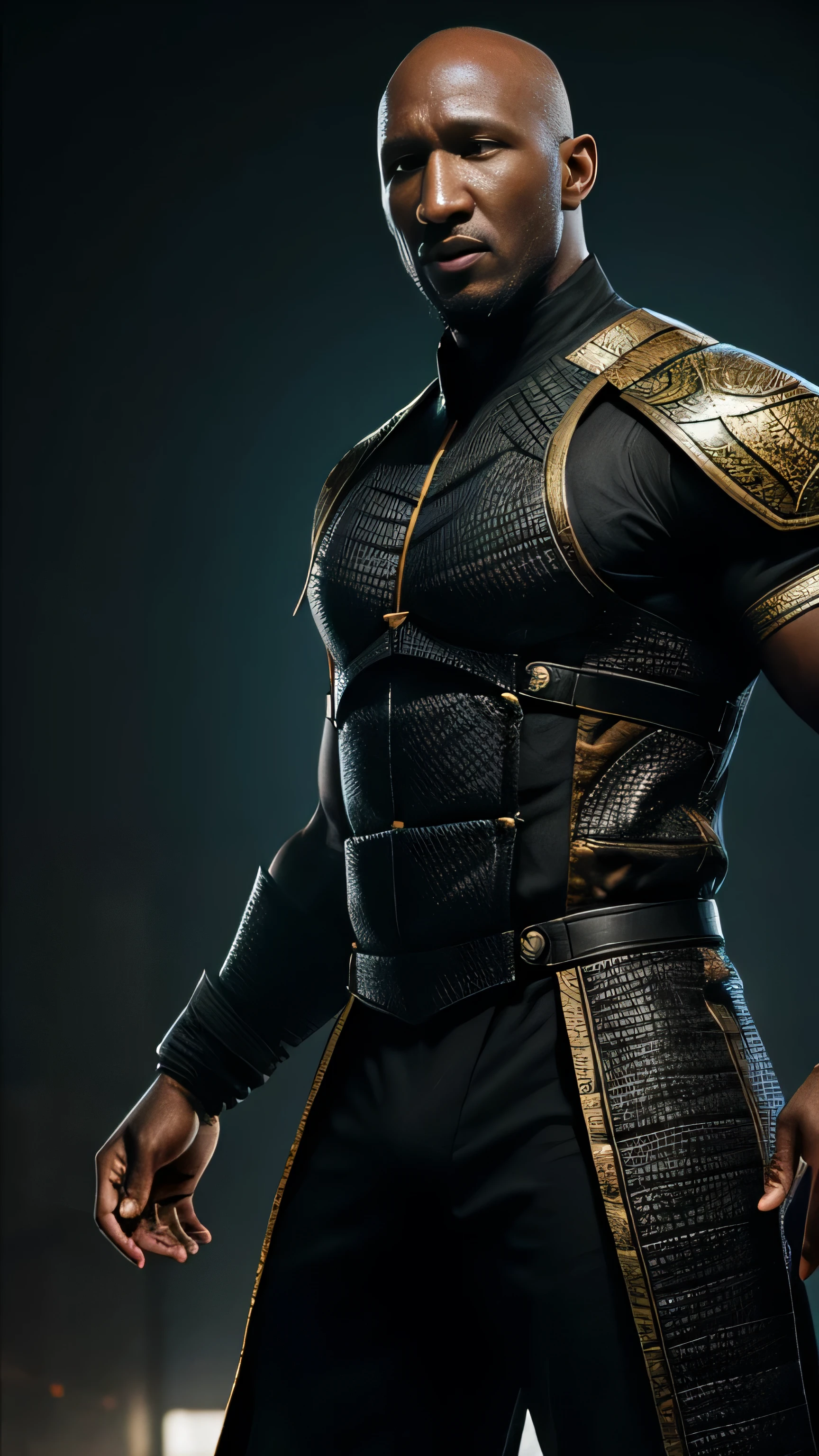 (Mahershala Ali) as Darrius from Mortal Kombat, well-groomed beard, bald head, black techno armor, (orange line patterns:0.8), sunglasses, 1man, solo, full body view, front view, looking at viewer, intricate, high detail, sharp focus, dramatic, photorealistic painting art by greg rutkowski