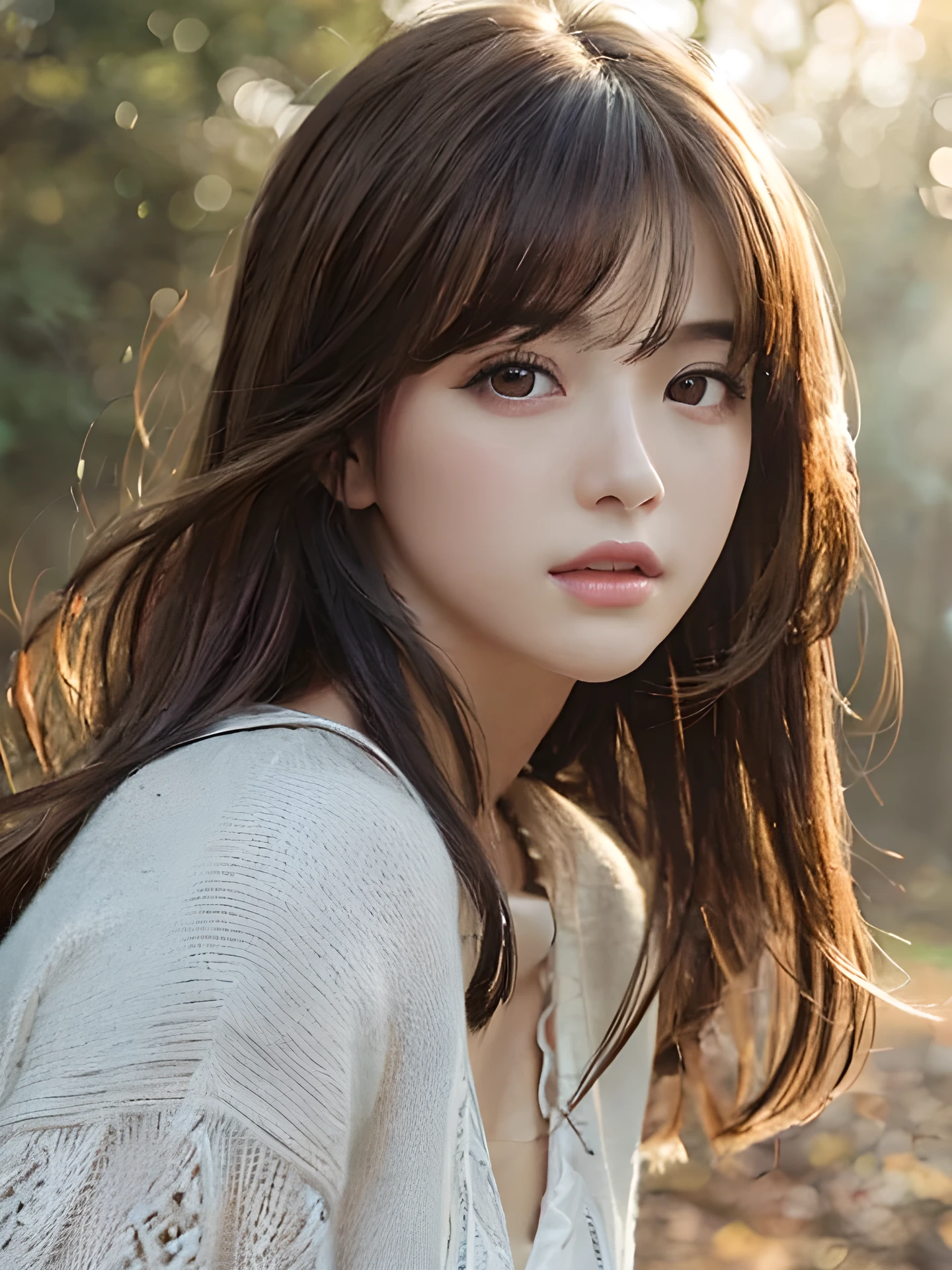 masterpiece, highest quality, High resolution, wallpaper, realistic, (bright lighting:1.4), professional lighting, face light, smooth lighting, 1 girl, Close-up, cute, sad, open mouth to say something, shy, Beautiful girl, gravure, sexy, super beautiful, beautiful skin, beautiful and detailed eyes、detailed face、slim、moderately, short hair, hair blown by the wind, brunette colored hair, brown eyes, Professional Photography, Bokeh, Portrait, The morning sunlight shines through the misty forest path.