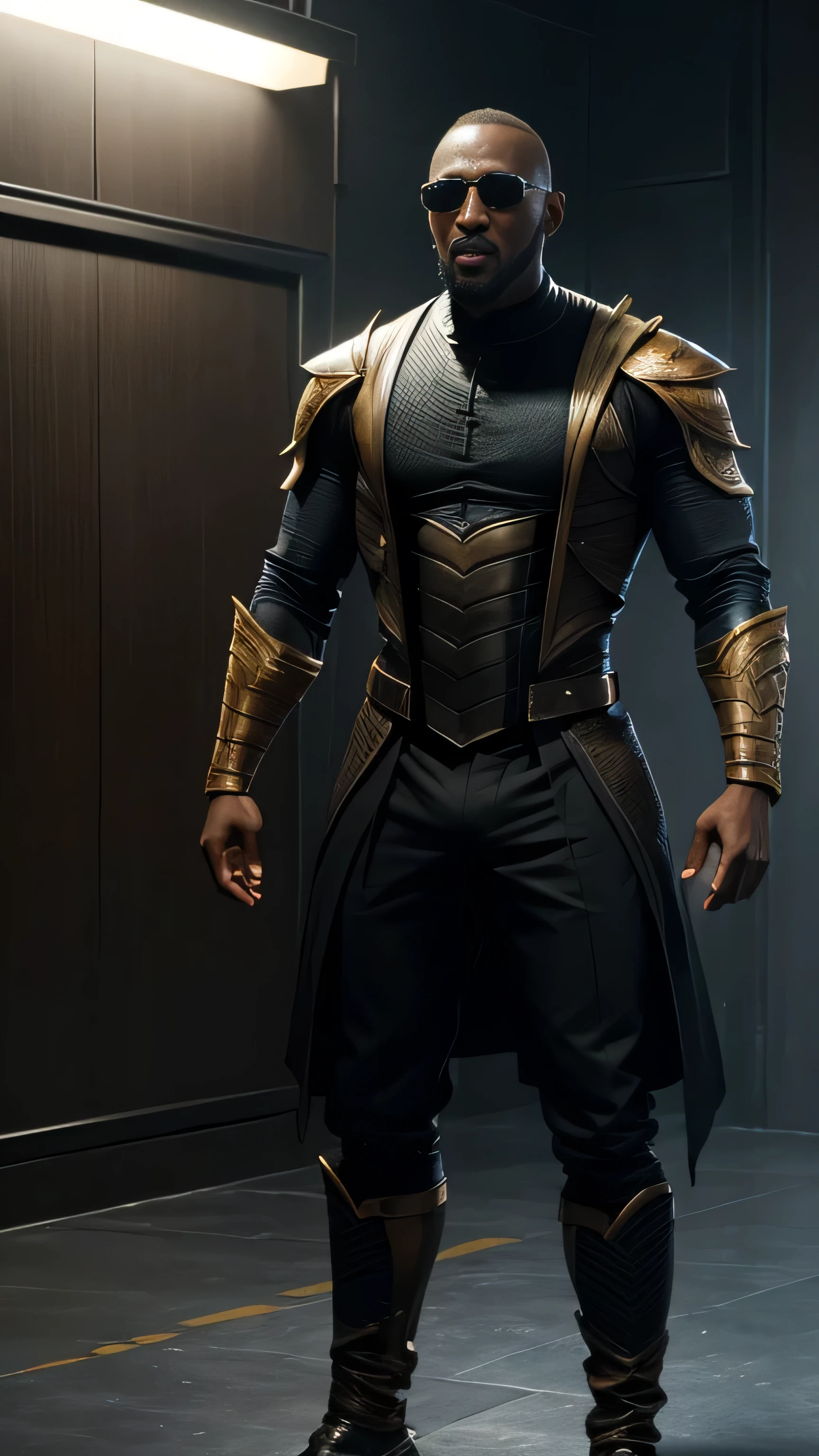 (Mahershala Ali) as Darrius from Mortal Kombat, well-groomed beard, bald head, black techno suit, (orange line patterns:0.8), sunglasses, 1man, solo, full body view, front view, looking at viewer, intricate, high detail, sharp focus, dramatic, photorealistic painting art by greg rutkowski