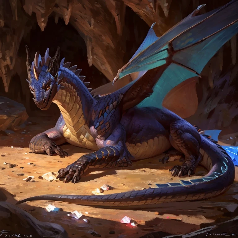 Detailed painting, by Taran Fiddler, solo, dragon, full body, feral, small dragoness, dainty, friendly, colorful bronze scales, rounded snout, wings, pregnant, amber eyes, laying in fur lined nest, in cave, glowing crystals on cave walls, mossy floor