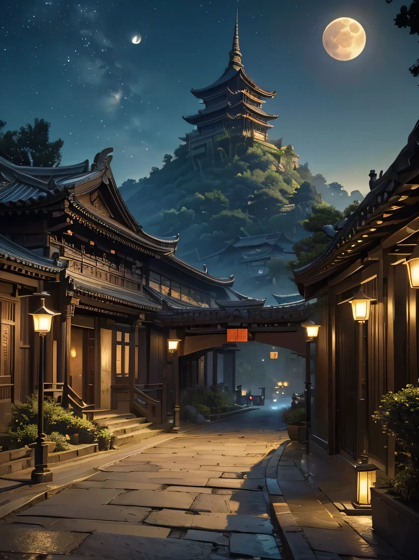 ((masterpiece、highest quality、Very detailed、High resolution、Photorealistic、Sharp focus、Cinema Lighting))、((Landscape only、There are no people))、High contrast、Official Art、ancient China、Street、 (Lots of fireflies、night、moon)、 Street lamp、Beautiful views、Spectacular landscapes、Detailed depiction、Global Illumination、Unreal Engine Rendering、Octane Rendering