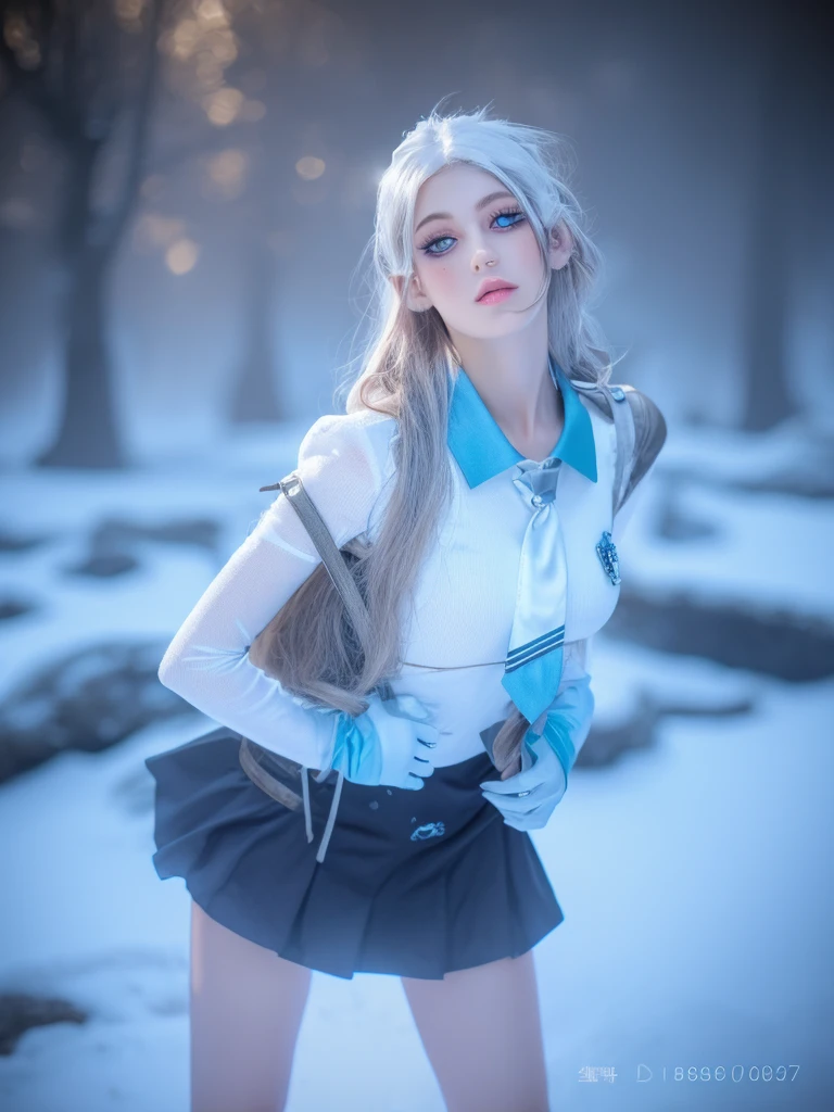 ((highest quality)), ((Official Art)), ((masterpiece)), Fabric Shading, ((Very detailed)), alone, Full Color, (One girl, alone, bssm super outfit, Circlet, White leotard,,Blue sailor collar, No sleeve, Heart Brooch, mini skirt, White gloves, Hairstyle, Hair length , Detailed face, (whole body:1.1)), (Originally) (highest quality, High resolution, Ice Skull:1.1), Ice Skull, Girl Style, thick body art, Detailed faceの特徴, Ice blue eyes, Glossy Lips, Long eyelashes, Porcelain-like skin, Blue and silver color scheme, Intricate skull design, Realistic texture, Vibrant colors, Elaborate Background, Mysterious atmosphere, Frozen Garden, Snow covered trees々, Glowing ice crystals, Surrealistic lighting, Fantasy elements