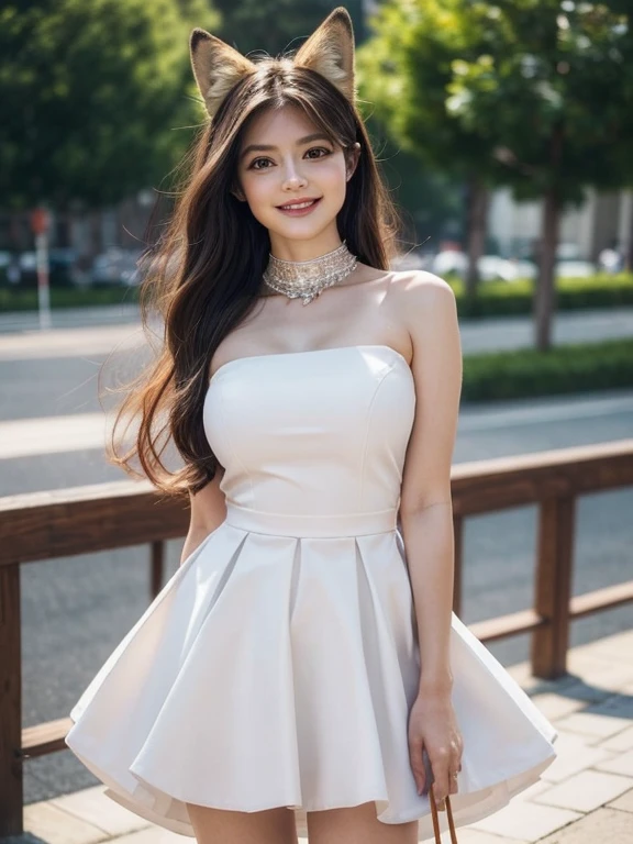 ((highest quality, 32k)), ((masterpiece)), (Familiar), Perfect Face, Fox Girl, beautiful, public, Has a tail, She has a fox tail, She wags her fluffy tail, Collars and Leads, Beautiful hip line, Big Breasts, She is wearing a dress, A tail sticks out from the skirt, smile
