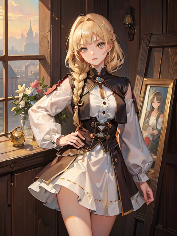 masterpiece, highest quality, Very detailed, 16k, Ultra-high resolution, Cowboy Shot, One 12-year-old girl, Detailed face, Perfect Fingers, Golden Eyes, Blonde, Braid, Explorer&#39;s outfit, Explorer hat, compass, telescope, map, In the jungle, Treasure Hunt