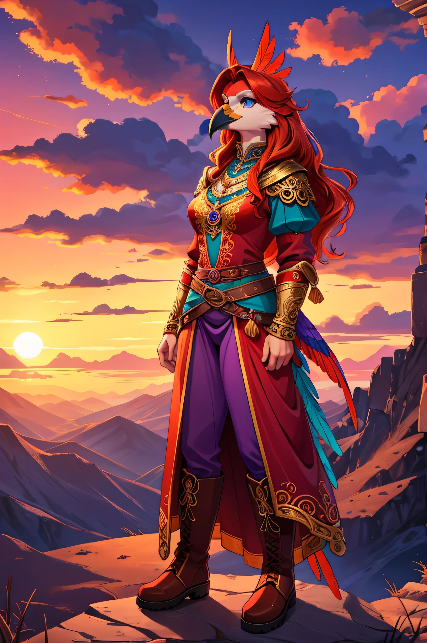 bright colors, fantasy style art, beautiful anthropomorphic female bird, mature and young, tall character, 5 feet 11 inches tall, bird body, bird head and beak, orange red and purple bird feathers, teal eyes, long wavy bright orange hair, shapely body, skinny body, healthy body, purple and red warrior outfit, ornate red clothes, fancy purple patterns and symbols, 2 red dress coattails hanging down her sides, high brown leather boots, long draping red sleeves, standing on top of a mountain, at the mountain peak, sunset, brilliant cloudy sky, sunset lighting up the clouds, high quality digital art, 2k, professional illustration, highly detailed
