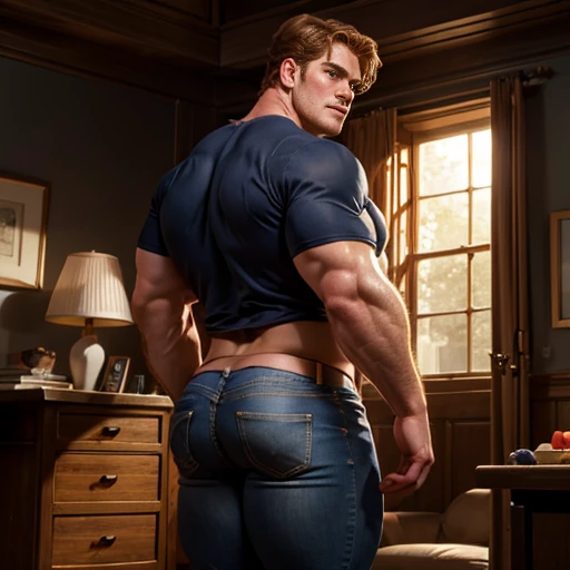 KJ Apa, ginger hair, kissing Henry Cavill, gay, very fat, thick butt, weight gain, extremely chubby, thick ass,whole body in view, enormous arms and legs, enormous bulge in underwear, jeans around knees, 8k, HDR, volumetric lighting, ultra quality, elegant, highly detailed, nsfw