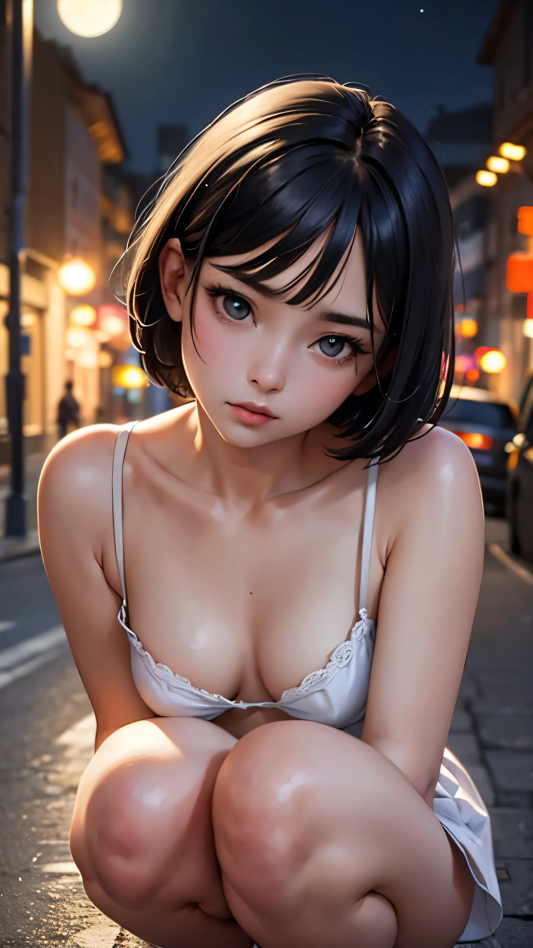 (,Street lamp,moon),masterpiece, One woman in underwear, Solo Exhibitions, Beautiful woman with small breasts,Beautiful Goddess Portrait, Beautiful and elaborate face, Porcelain-like skin, (((Full Shot,center, night, Black Hair, short hair)), Very soft lighting, Symmetric, complicated, grace, Attention to detail, realism, art, concept art,White clothes,squat,