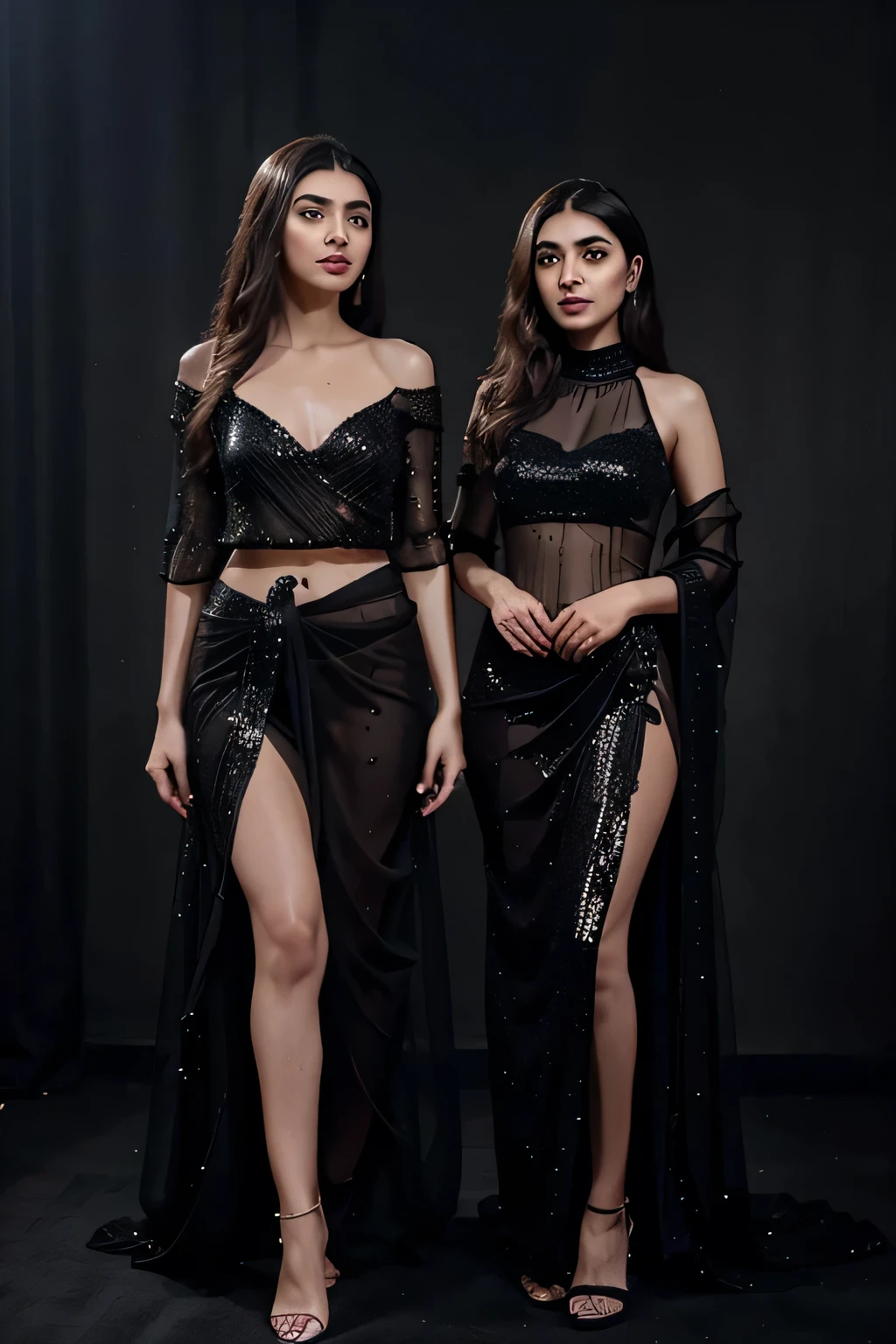 two young girls wearing black sequinned sari with sheer drape and net blouse, with a thin waist, sequins, black gown, selina, satin, black, with black, with a black dark background, maya ali, beautiful and elegant, gown, mahira khan as a d&d wizard, marvelous, maya ali as a cyber sorceress, gorgeous