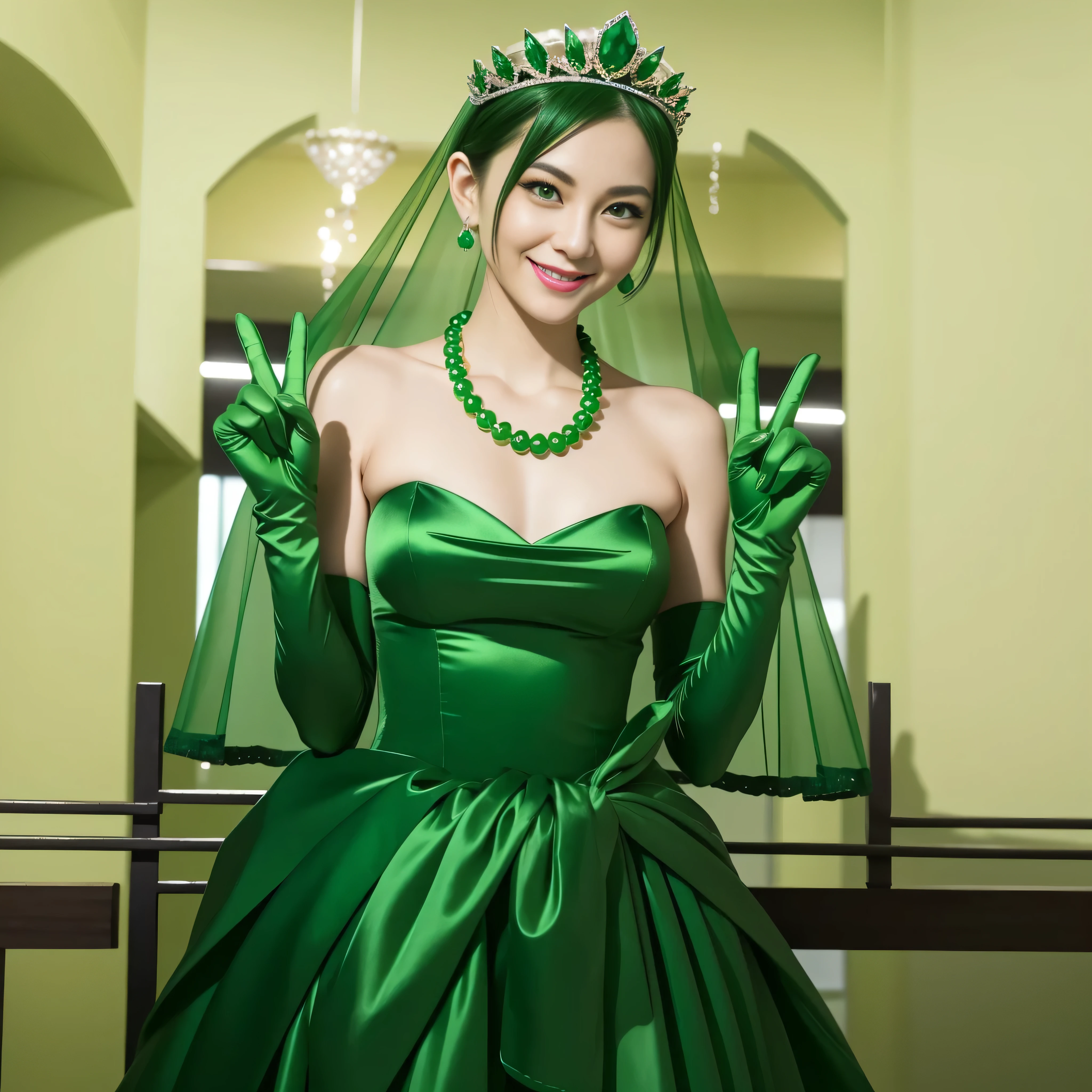 Emerald tiara, Green Pearl Necklace, Boyish very short green hair, lipstick, Smiling Japanese woman, Very short hair, Big and beautiful, Green Eyes, Long green satin gloves, Green Eyes, v sign, Emerald Earrings, Green veil