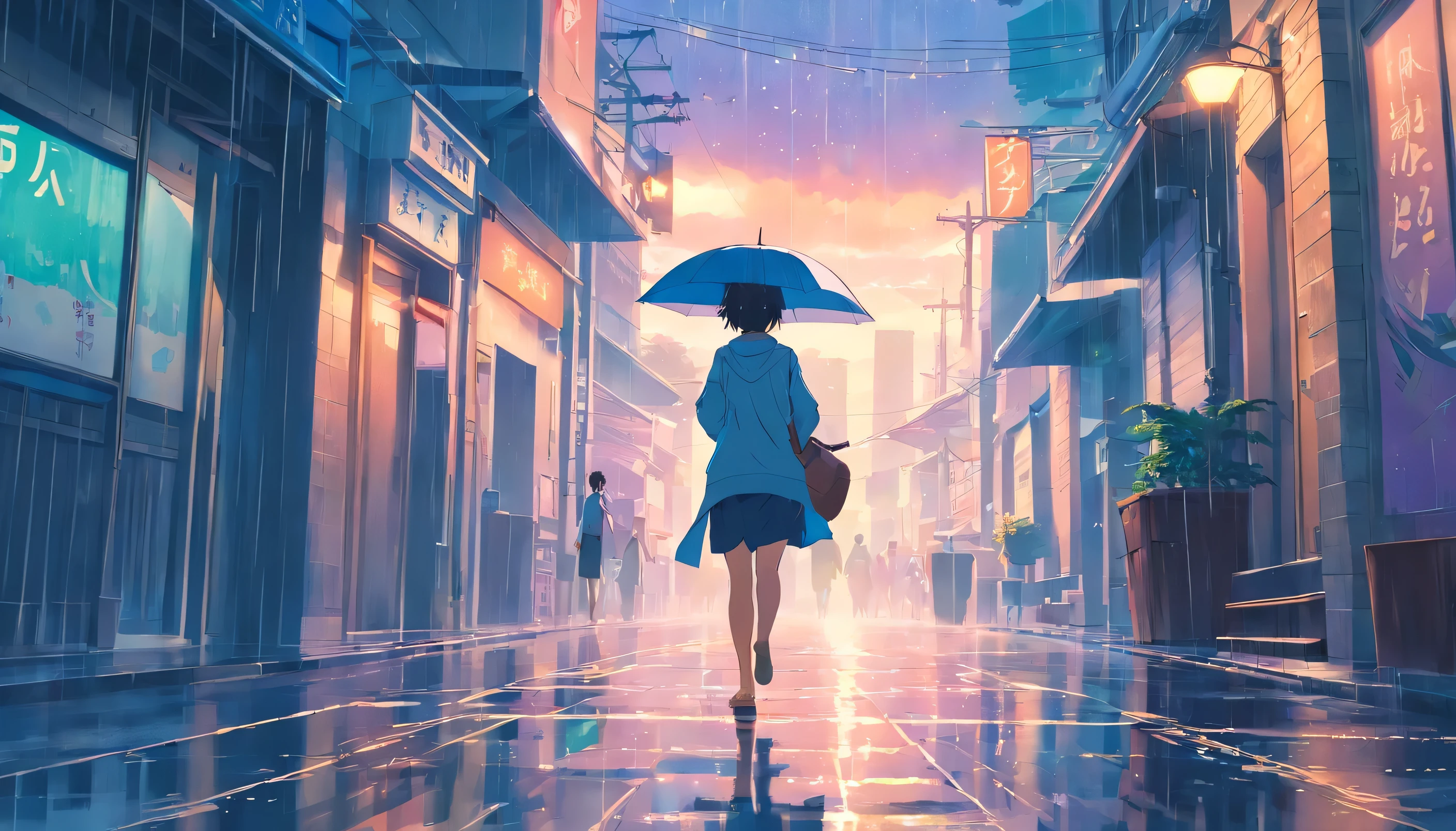 rain,Walking with an umbrella,Moving away from the city,