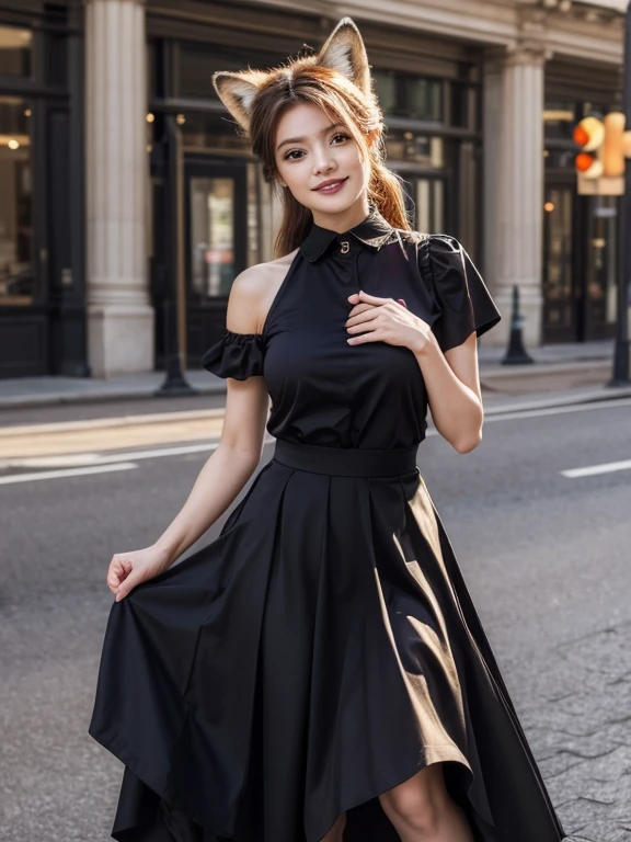 ((highest quality, 32k)), ((masterpiece)), (Familiar), Perfect Face, Fox Girl, beautiful, public, Has a tail, She has a fox tail, She wags her fluffy tail, Collars and Leads, Beautiful hip line, Big Breasts, She is wearing a dress, A tail sticks out from the skirt, smile