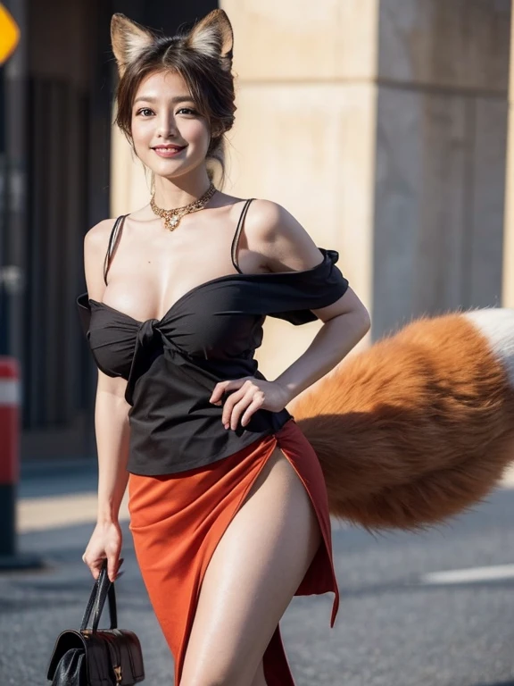 ((highest quality, 32k)), ((masterpiece)), (Familiar), Perfect Face, Fox Girl, beautiful, public, Has a tail, She has a fox tail, She wags her fluffy tail, Collars and Leads, Beautiful hip line, Big Breasts, She is wearing a dress, A tail sticks out from the skirt, smile