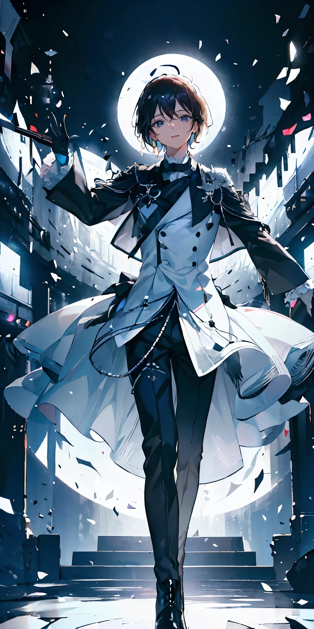 (Mastepiece), (Best Quality), Very detailed, ((1 boy)), Perfect Face, Beautiful Face, Very detailedな顔，((Black and white hair_short hair_Black and white eyes:1.3))，Male solo idol、Gorgeous idol costumes、Costumes with lots of frills、Cape、boots、(pants:1.2)、(Hold the microphone)、stage、Concert Dome、Lots of confetti、(smile:1.4)、(Open your mouth wide)、sing、dance、Wink、Laser light、Spotlight