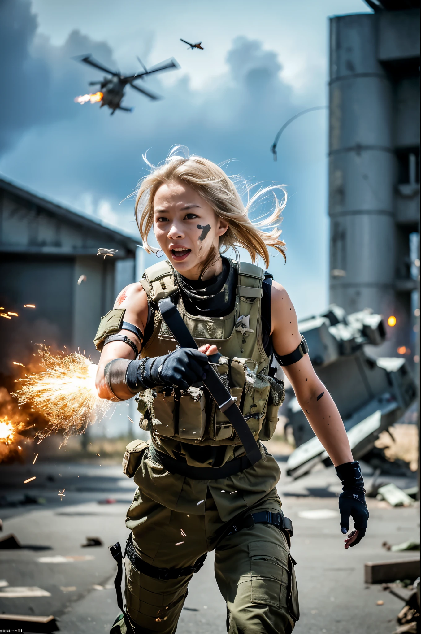 A female fighter desperately retreats after an enemy surprise attack.