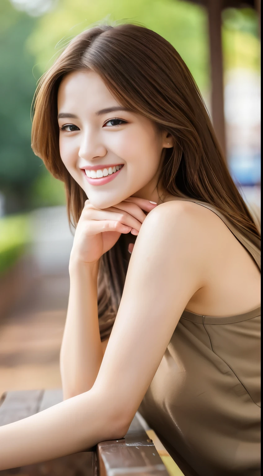 Tabletop, highest quality, Realistic, Very detailed, In detail, High resolution, 8k wallpaper, One beautiful woman, Wear stylish sleeveless clothing, On campus, Light brown messy hair, Perfect dynamic composition, Beautiful fine details, Laughing happily, I see perfect teeth, Sharp focus, Detailed skin texture, Fine hair、Slime-ified、Slender、Model Body Type、Brown Hair