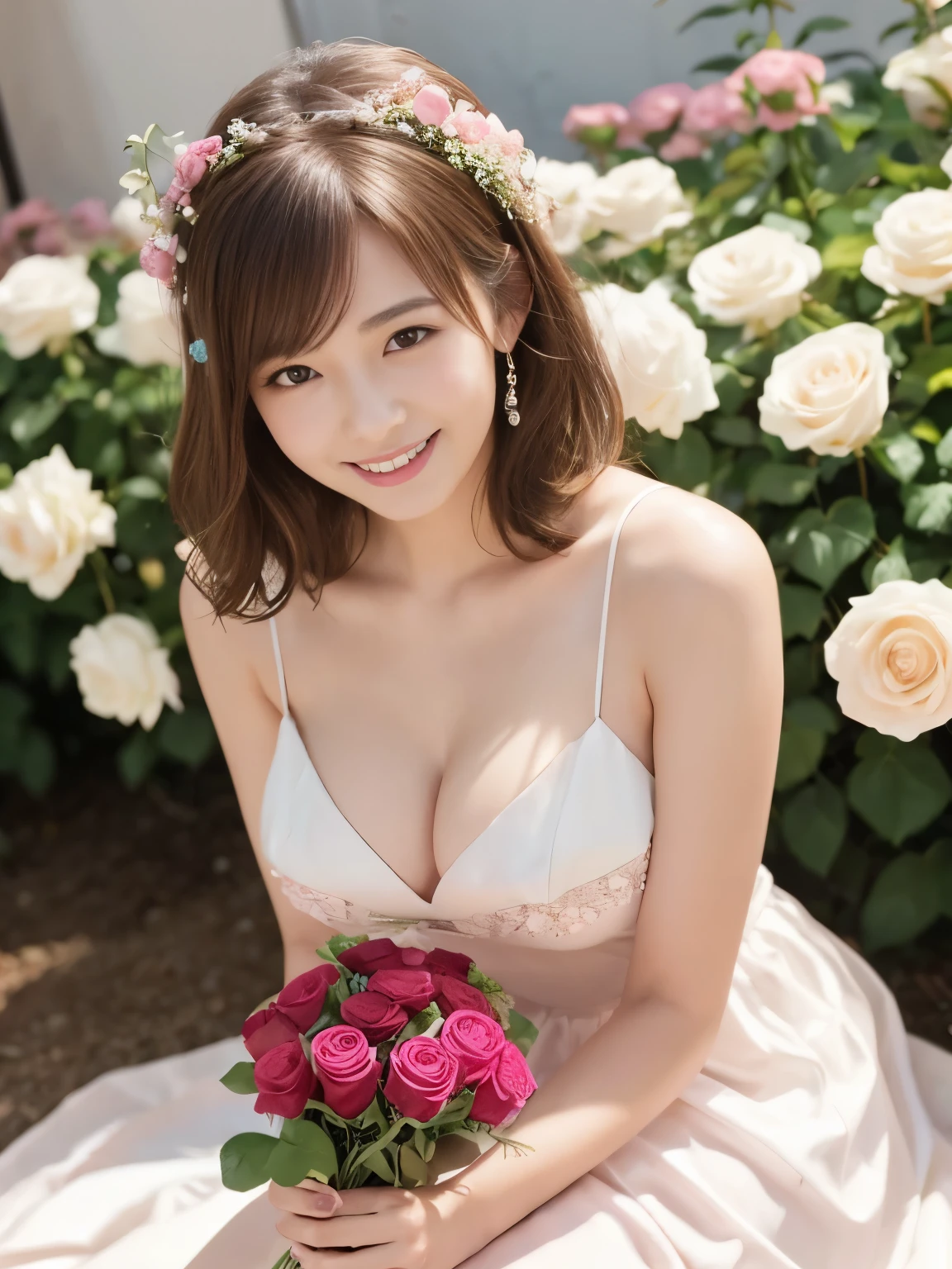 Beautiful adult woman、Brown Hair、Short Bob、Festre with many white and pink roses on his head,,、Small Face、compensate、smile、Slender body、Beautiful breasts、Cleavage、Pure white dress、Skirt、The skirt is decorated with roses of various colors.、Sitting among roses、Holding a bouquet of flowers in both hands、Party Venue、I look at you、celebration