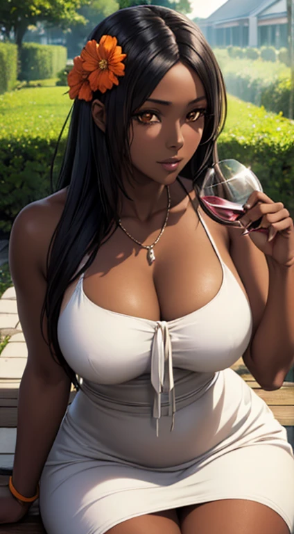 (masterpiece), best quality, expressive eyes, holding a wine glass,, cute girl, garden background, perfect face, black ebony skin, half naked, large open neckline, perfect shaped body,long hair, black hair, orange eyes, large breast, big breasts, black skin, ultra realistic detailed orange eyes, long and open hair, looking at camera, innocent eyes, innocent face, very cute anime girl face, black skin anime girl, cute smile on her face, flower necklace on her head, wearing flower bracelets on her hand, thigh legs