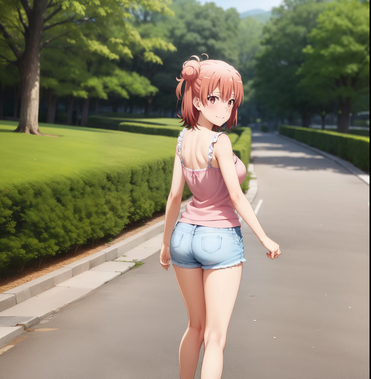 1girl, alone ,yuigahama Yui,((masutepiece, Best Quality, hight resolution, nffsw, Perfect Pixel, depth of fields, 4K, )), Beautiful anime girl, Beautiful Art Style,
close up, Looking at Viewer, from behind, pov (from below),Perfect body, Full body, Pink hair, Short hair, Hair bun, large boob, black ruffle camisole, Sweat,
Smile, arm up, in park, Sunshine,
