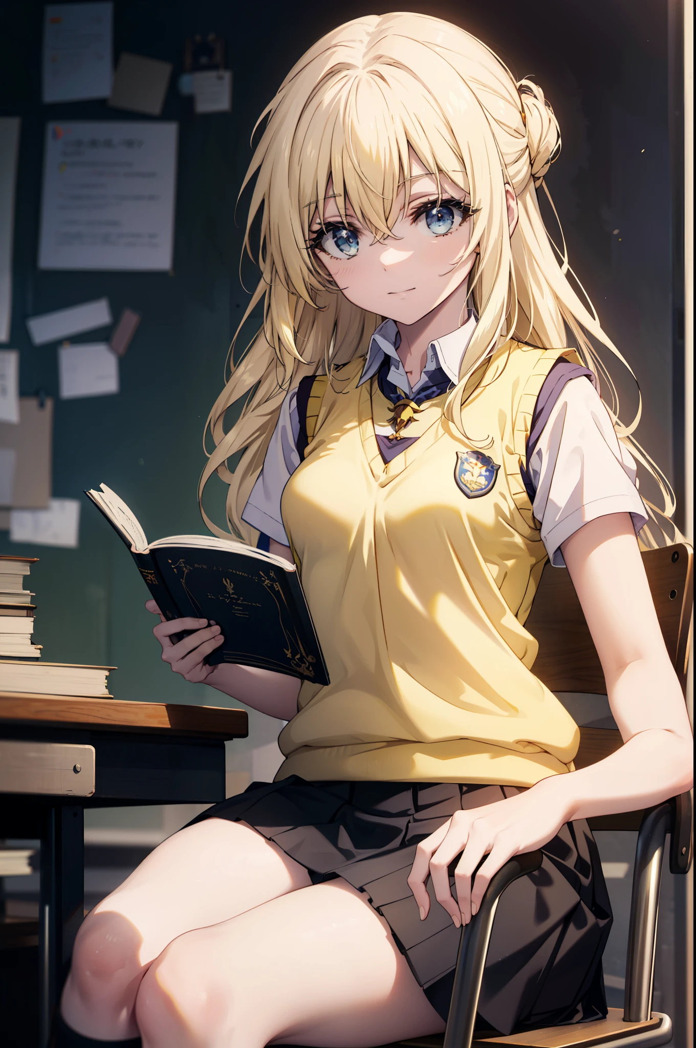 Priestessess, Priestessess, Blonde, blue eyes, Long Hair, Hair between the eyes, (Small breasts:1.2), smile,white yシャツ, Short sleeve, Pleated skirt, socks, Collared shirt, mini skirt, White knee socks, (Black Skirt:1.5), Sweater vest, (yellow Sweater vest:1.5),Brown Loafers,Daytime,sunny,sitting on a chair with legs crossed,There is a textbook on the desk,whole bodyがイラストに入るように,
break indoors, classroom,
break looking at viewer, whole body,
break (masterpiece:1.2), highest quality, High resolution, unity 8k wallpaper, (figure:0.8), (Beautiful fine details:1.6), Highly detailed face, Perfect lighting, Highly detailed CG, (Perfect hands, Perfect Anatomy),