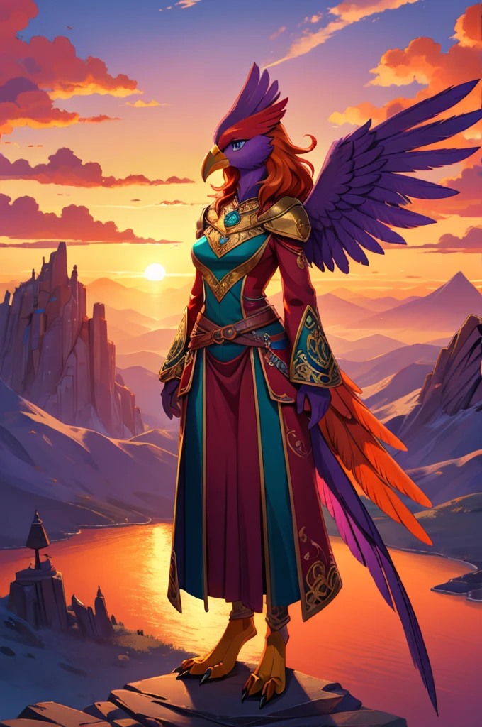 bright colors, fantasy style art, beautiful anthropomorphic female bird, mature and young, tall character, 5 feet 11 inches tall, bird body, bird head and beak, wings instead of arms, no arms or hands, two large bird wings, long bird tail, massive bird wings attached to her shoulders, orange red and purple bird feathers, teal eyes, long wavy bright orange hair, shapely body, skinny body, healthy body, purple and red warrior outfit, ornate red clothes, fancy purple patterns and symbols, 2 red dress coattails hanging down her sides, yellow bird claw feet, long draping red sleeves, standing on top of a mountain, at the mountain peak, sunset, brilliant cloudy sky, sunset lighting up the clouds, high quality digital art, 2k, professional illustration, highly detailed