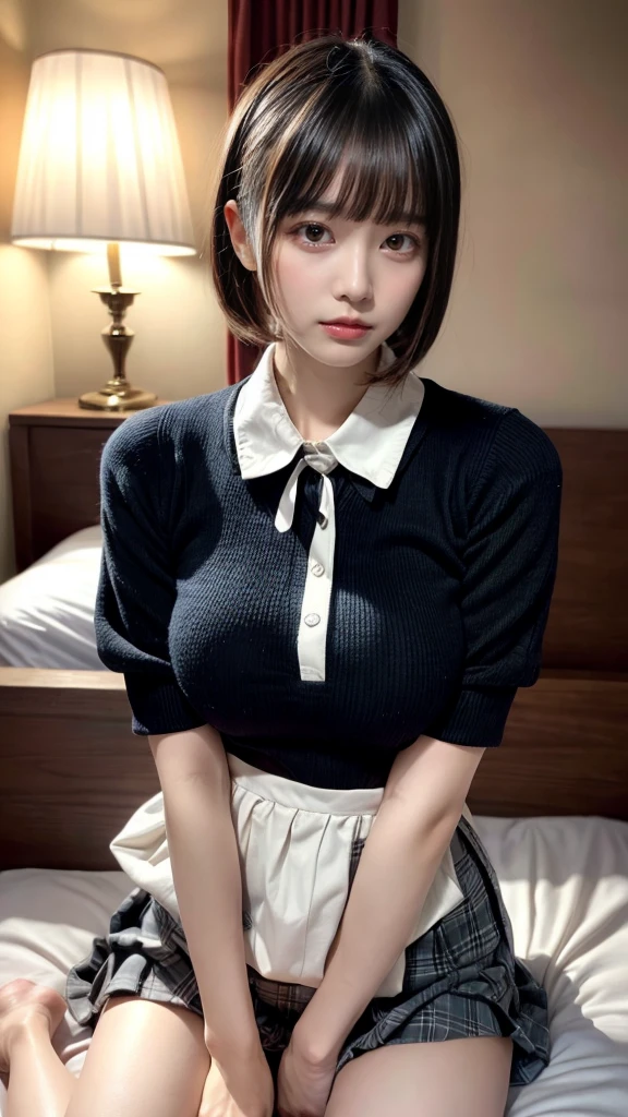 muster piece, best quality, illustration, Super detailed, fine details, High resolution, 8K,wall paper, perfect dynamic composition,(Details High quality, realistic depiction of eyes:1.3), (collared shirt:1.1), pleated skirt, short bob hair、black hair color, Big Natural Color Lip, bold sexy pose, crying a little、cold gaze, Harajuku style、acrobatic pose, 20 year old girl、cute type、lolita、beautiful legs, hotel room, gravure idol, Voluptuous thighs, huge breasts