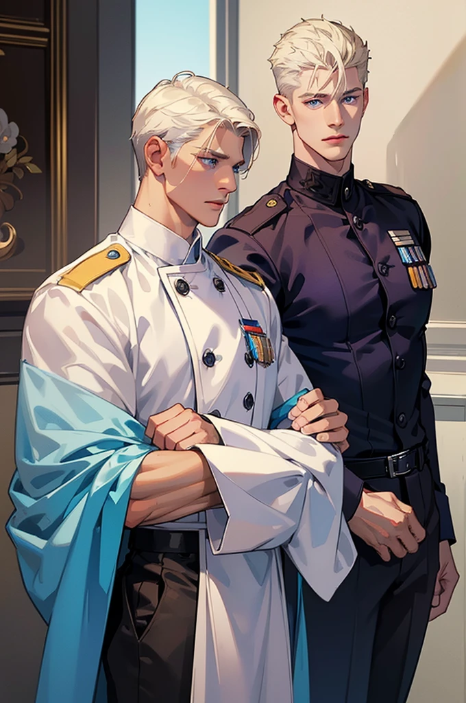 The picture shows two young men standing next to each other: the first man (tall, handsome, athletic, handsome, young man, platinum blond with blue eyes, he is dressed in a policeman's uniform, he has tanned skin, long straight platinum hair, blue eyes), the second man (young, handsome, athletic, handsome, a man, platinum blonde with violet eyes, long bangs, dressed in a policeman's uniform). Masterpiece, detailed study of the face, beautiful face, beautiful facial features, perfect image, realistic shots, detailed study of faces, full-length image, 8k, detailed image, extremely detailed illustration, a real masterpiece of the highest quality, with careful drawing.