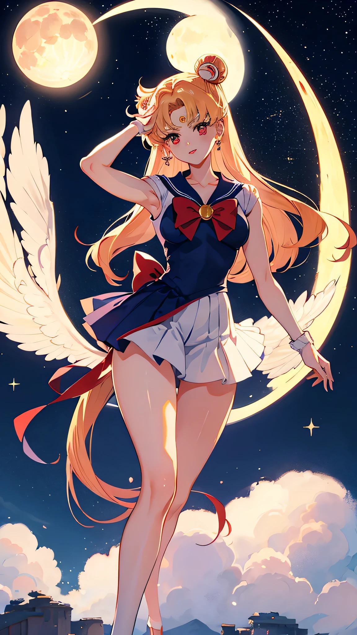 Sailor moon peachete in sailor moon sexy dress, red eyes, paisaje luna grande y estrellas