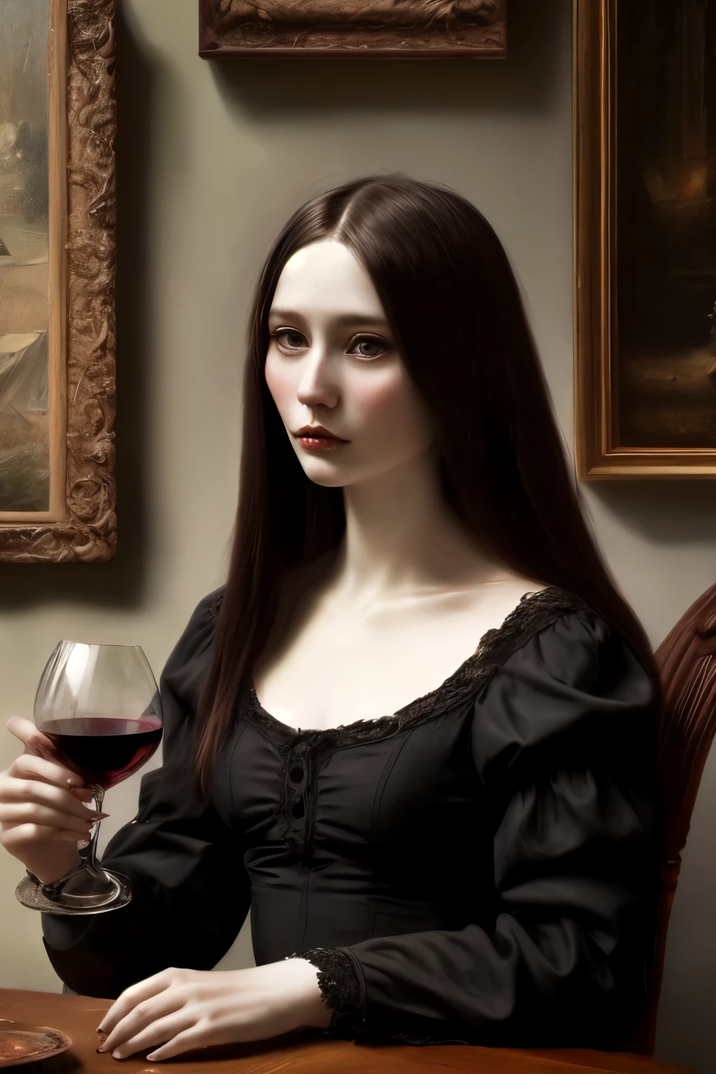 White woman，emaciated，Holding a red wine glass，Leaning on the small table。There are many paintings hanging on the wall behind me.。Oil painting texture。Black long straight hair，Vampire aristocracy，old woman。Gorgeous and rich，dark，Sunken cheeks，Serious and depressive