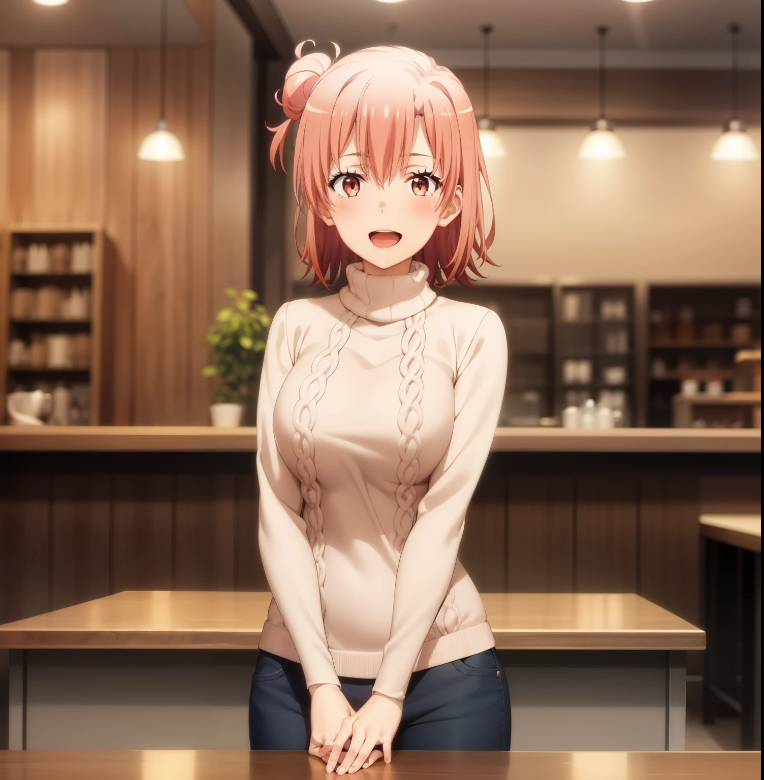 1girl, alone,Yuigahama Yui, short hair, brown eyes, Pink hair, single bun hair,looking at viewer, from the front, pov (from below),(masterpiece:1.2), highest quality, High resolution, unity 8k wallpaper, (beautiful and fine eyes), highly detailed face, full body,perfect lighting, Very detailed CG, (perfect hands, perfect anatomy),blush, smile, open mouth, large breasts, focus breasts, tight clothes, upper body, (black turtleneck, knit sweater), Cafe Background, blur the background, perfect hands, perfect anatomy