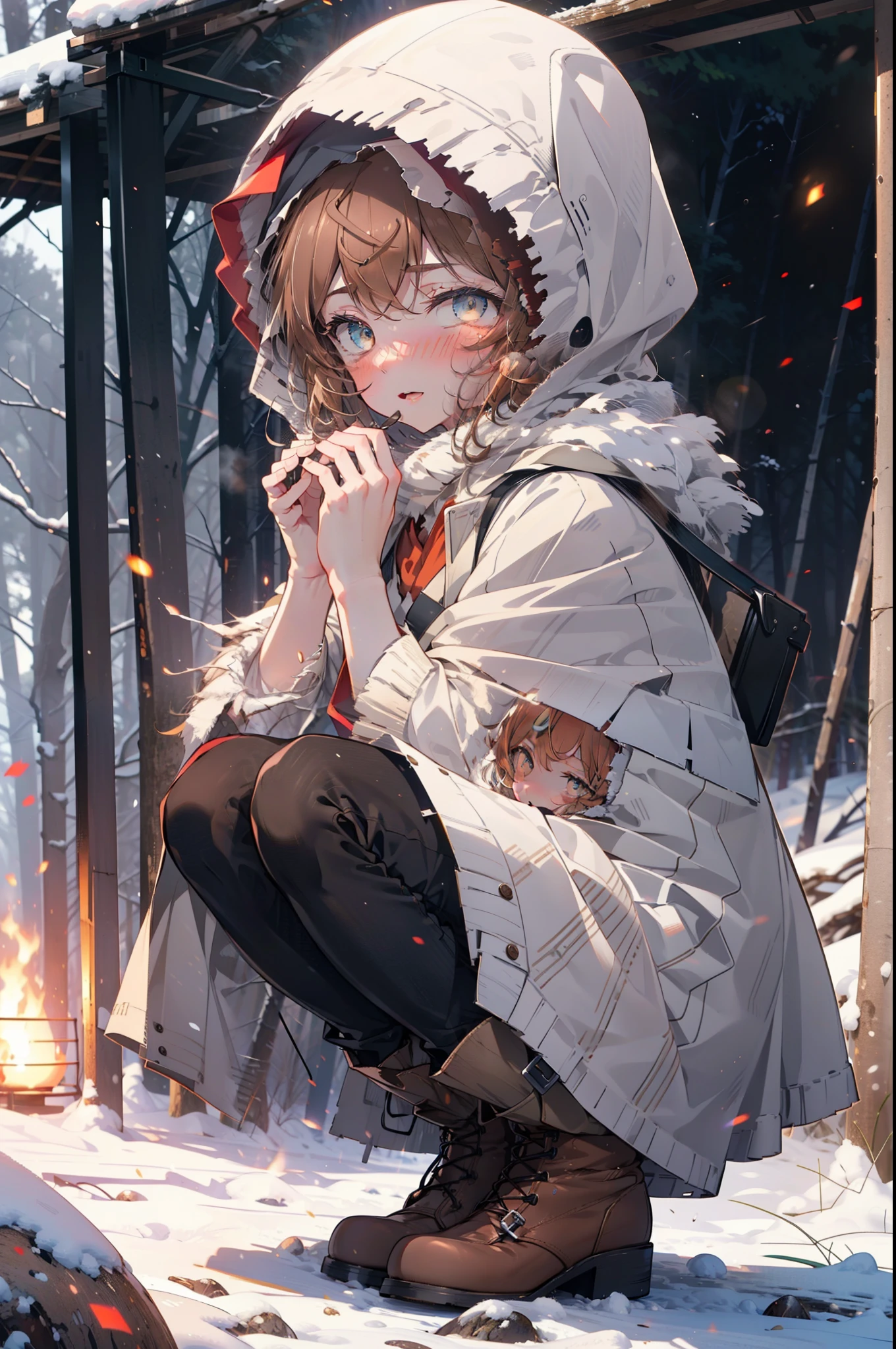 Liliru Card, Liliruca gets burned, Animal ears, (Brown eyes:1.7), Brown Hair, (Flat Chest:1.2), short hair,smile,blush,White Breath,
Open your mouth,snow,Ground bonfire, Outdoor, boots, snowing, From the side, wood, suitcase, Cape, Blurred, having meal, forest, White handbag, nature, Squat, Mouth closed, Cape, winter, Written boundary depth, Black shoes, red Cape break looking at viewer, Upper Body, whole body, break Outdoor, forest, nature, break (masterpiece:1.2), highest quality, High resolution, unity 8k wallpaper, (shape:0.8), (Beautiful and beautiful eyes:1.6), Highly detailed face, Perfect lighting, Extremely detailed CG, (Perfect hands, Perfect Anatomy),