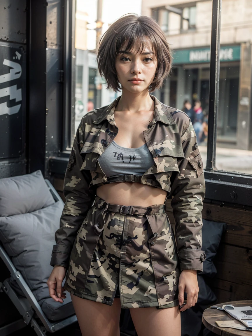 (1 lady), (Best quality at best:1.4), (ultra - detailed), (extremely detailed CG unified 16k), A Beautiful Woman with Perfect Figure: 1.4, Sharp Focus: 1.2, very detailed, High-definition RAW color photo, professional photoshooting, amazing face and eyes, cosmetics, (amazingly beautiful girl), ((yuki)), ((grays woodland camo trench coat, pixelated gray combat boots camo pattern, grays woodland camo skirt)), standing, sexyposture，(Stylish urban landscape, day light), (look from down), realistic cinematic face, head to feet long wide zoomed out view, full body long view, photorealistic, ((realistic natural grayish purple hair style, yellowish eyes)), gorgeous, extremely beautiful face, perfect model beauty, pout mouth, Highly Detailed Face and Skin Texture, Detailed Eyes, Double Eyelids, Big Breasts, inexpressive face, cleavages, western, (masterpiece), best quality, high resolution, extremely detailed, blurred background, depth of field, cinematic lighting, amazing legs, clear and well-cared skin
