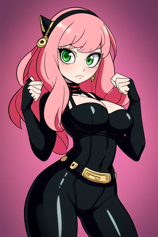 1girl, solo, masterpiece, best quality, combination of Anya Forger and Yor Forger, pink hair, green eyes, intricate details of Yor Forgers face, mature female, matured face, silver earrings, looking at viewer, long hair with long locks, sidelocks, hair ornament, hairband, medium breasts, tight black bodysuit, cleavage, silver utility belt, black fingerless gloves, black thigh boots, standing, she's looking directly at the viewer with a (fierce, dangerous and alluring) gaze. (Best Quality, Amazing Detail:1.25)