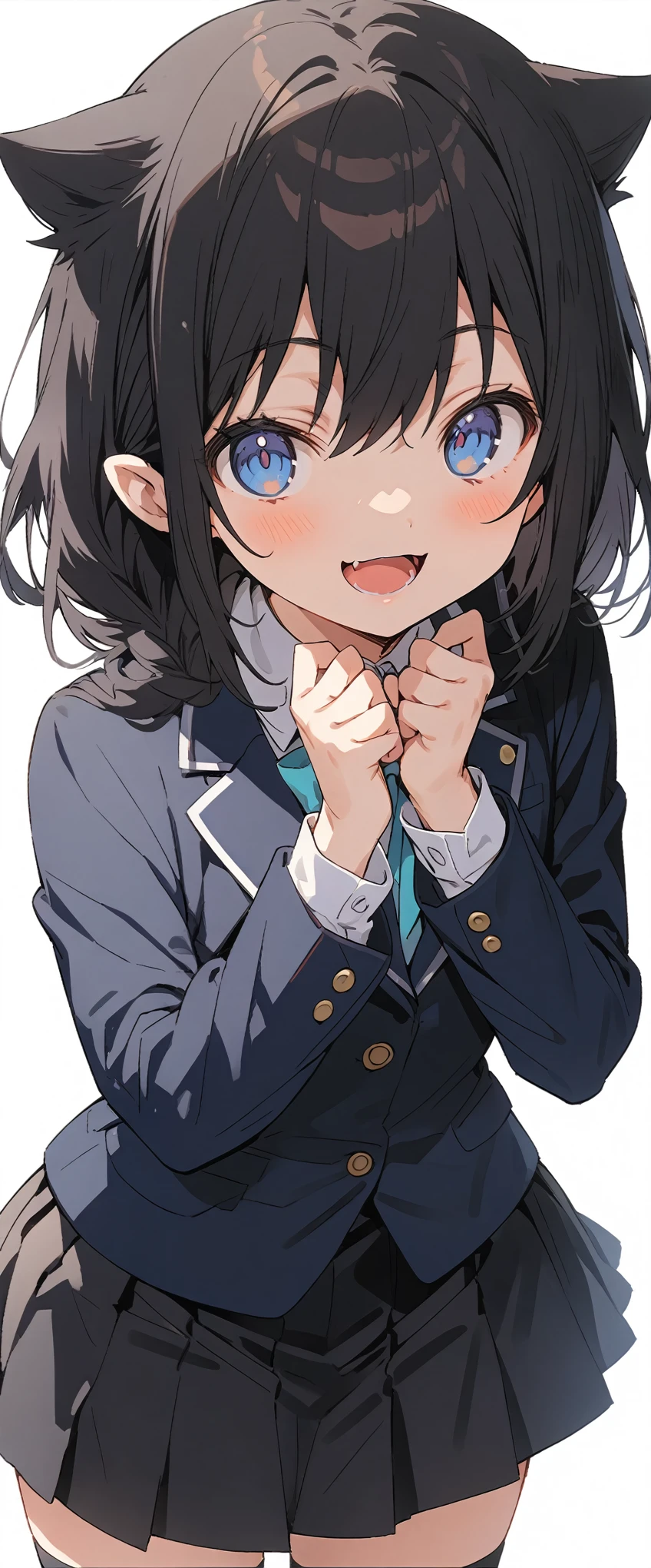 White background、Solid white background、Blank background、Ultra-high resolution, highest quality,Solo,just standing girl, One Girl、Full body view from the front、fish-bone braid hair、Fishbone Hair、black hair、arms behind back、Put your hands behind your back、Hide your hands、beautiful detailed eyes、Black hair × Blue eyes、blue eyes、Open mouth smiling、Flat Chest、Black long sleeve blazer,Black pleated skirt、Knee-high socks、loafers